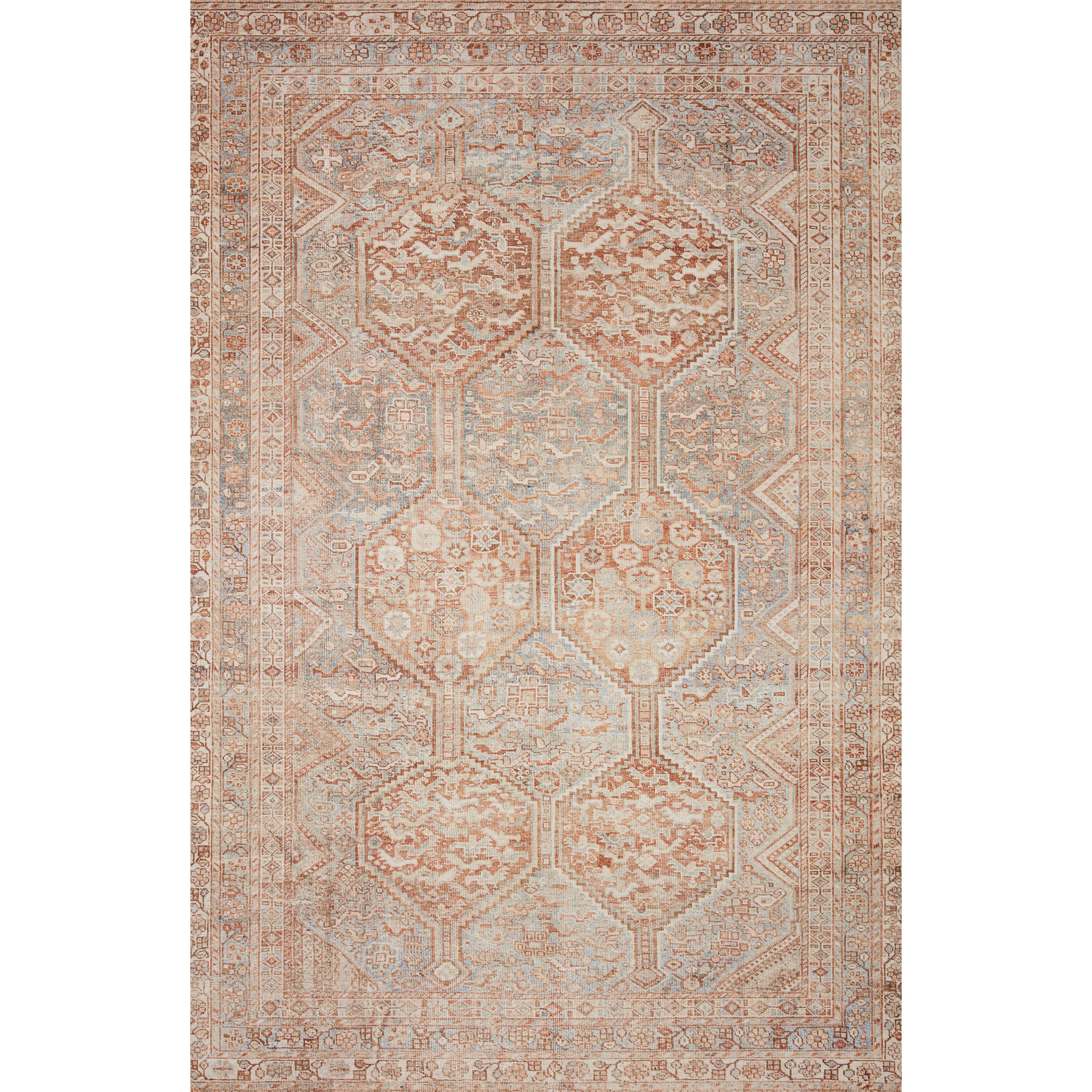 Durable, low pile, and soft underfoot, this rug is inspired by classic vintage and antique rugs. The Jules Chris Loves Julia Tangerine / Mist rug from Loloi features a beautiful vintage pattern and patina. The rug is easy to clean and maintain and perfect for living rooms, dining rooms, hallways, and kitchens!