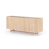 We love the grained matte finish on this Mika Washed Oak Veneer Dining Sideboard. The shelves make this the perfect sideboard for a functional, modernly attractive piece to add to your dining room  Size:  72.00"w x 16.00"d x 30.00"h Materials: Oak Veneer