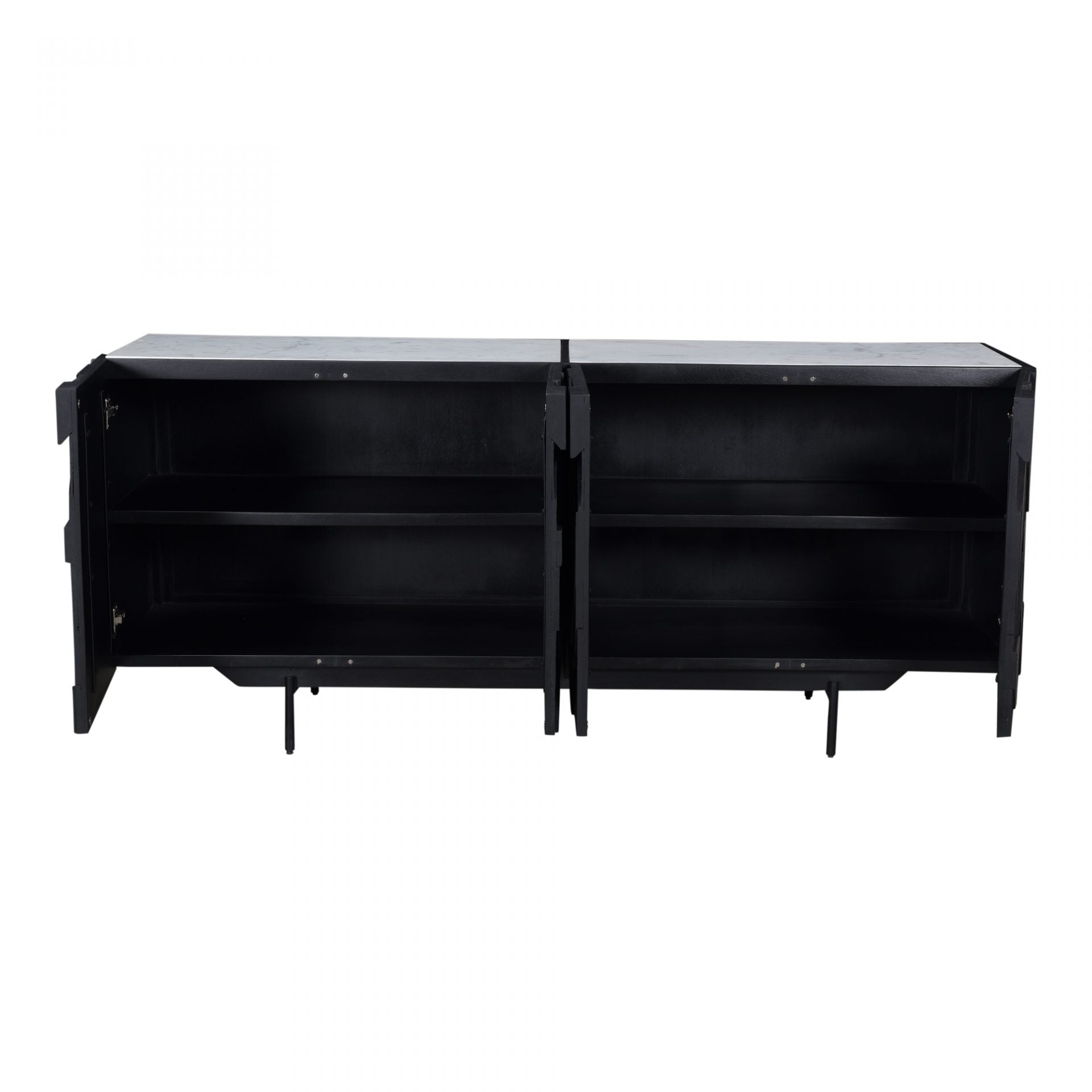 We love the marble top and unique pattern found on the barn doors of this Kattan Sideboard by Moe's. It is both contemporary and functional, with the doors opening to spacious shelving.  Size: 72"W x 18"D x 31"H Material: Solid Mango, Marble Top, Iron Legs, MDF