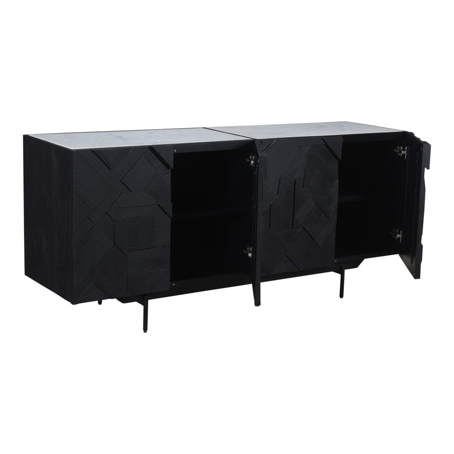 We love the marble top and unique pattern found on the barn doors of this Kattan Sideboard by Moe's. It is both contemporary and functional, with the doors opening to spacious shelving.  Size: 72"W x 18"D x 31"H Material: Solid Mango, Marble Top, Iron Legs, MDF