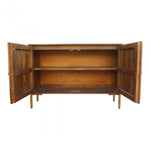 The rustic look to this Artists Small Sideboard is extremely versatile, fitting both the industrial and farmhouse aesthetics. The golden knobs open to shelves, perfect for those families needing extra storage.   Size: 48"W x 16"D x 33.5"H Material: Solid Mango, Iron Legs
