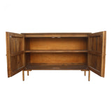 The rustic look to this Artists Small Sideboard is extremely versatile, fitting both the industrial and farmhouse aesthetics. The golden knobs open to shelves, perfect for those families needing extra storage.   Size: 48"W x 16"D x 33.5"H Material: Solid Mango, Iron Legs