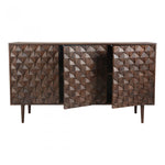 The thin legs and dark walnut finish on the solid Sheesham wood give us all the mid-century vibes. The three doors swing up to shelves, making it both gorgeous and functional  Size: 58"W x 18"D x 33"H Material: Solid Sheesham