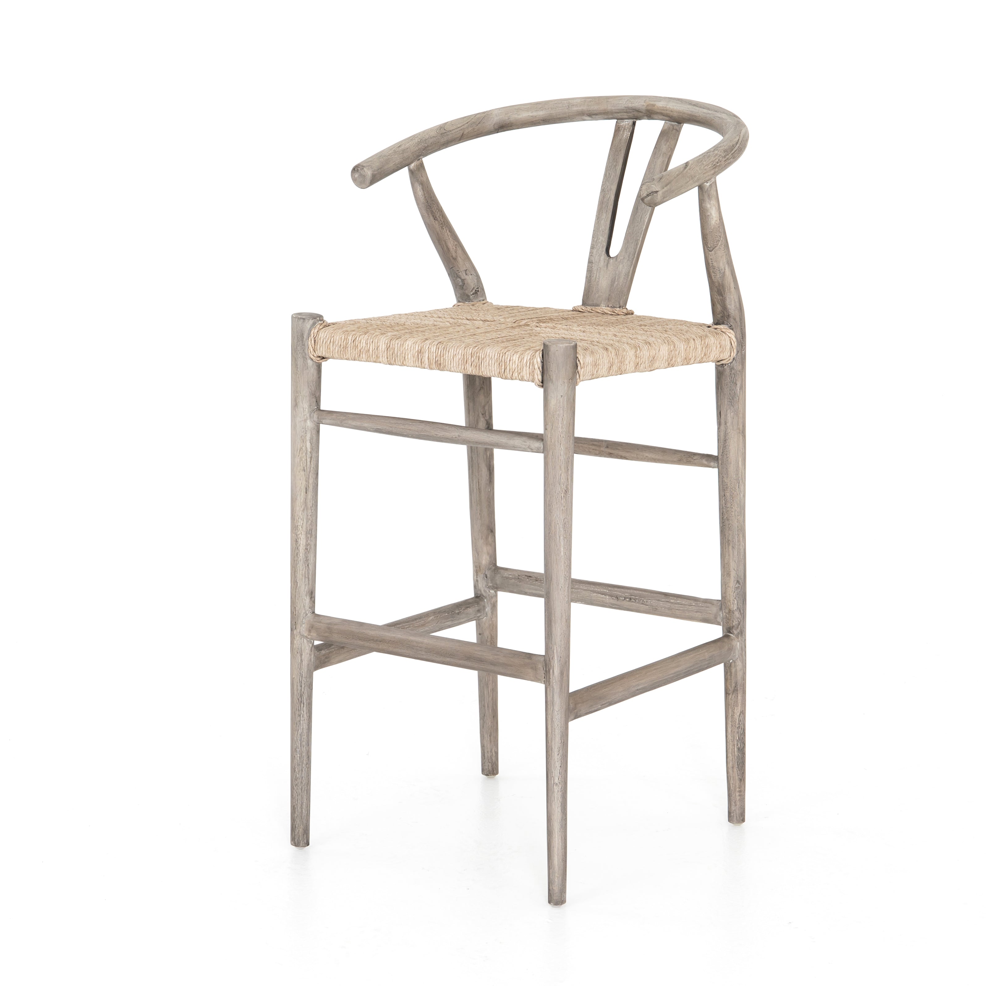 Modern curves redefine the classic wishbone-style counter stool. Vintage white all-weather wicker is woven for a dose of fresh texture within weathered grey teak framing. Cover or store indoors during inclement weather and when not in use. Amethyst Home provides interior design, new home construction design consulting, vintage area rugs, and lighting in the Park City metro area.
