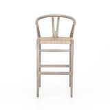 Modern curves redefine the classic wishbone-style counter stool. Vintage white all-weather wicker is woven for a dose of fresh texture within weathered grey teak framing. Cover or store indoors during inclement weather and when not in use. Amethyst Home provides interior design, new home construction design consulting, vintage area rugs, and lighting in the Scottsdale metro area.