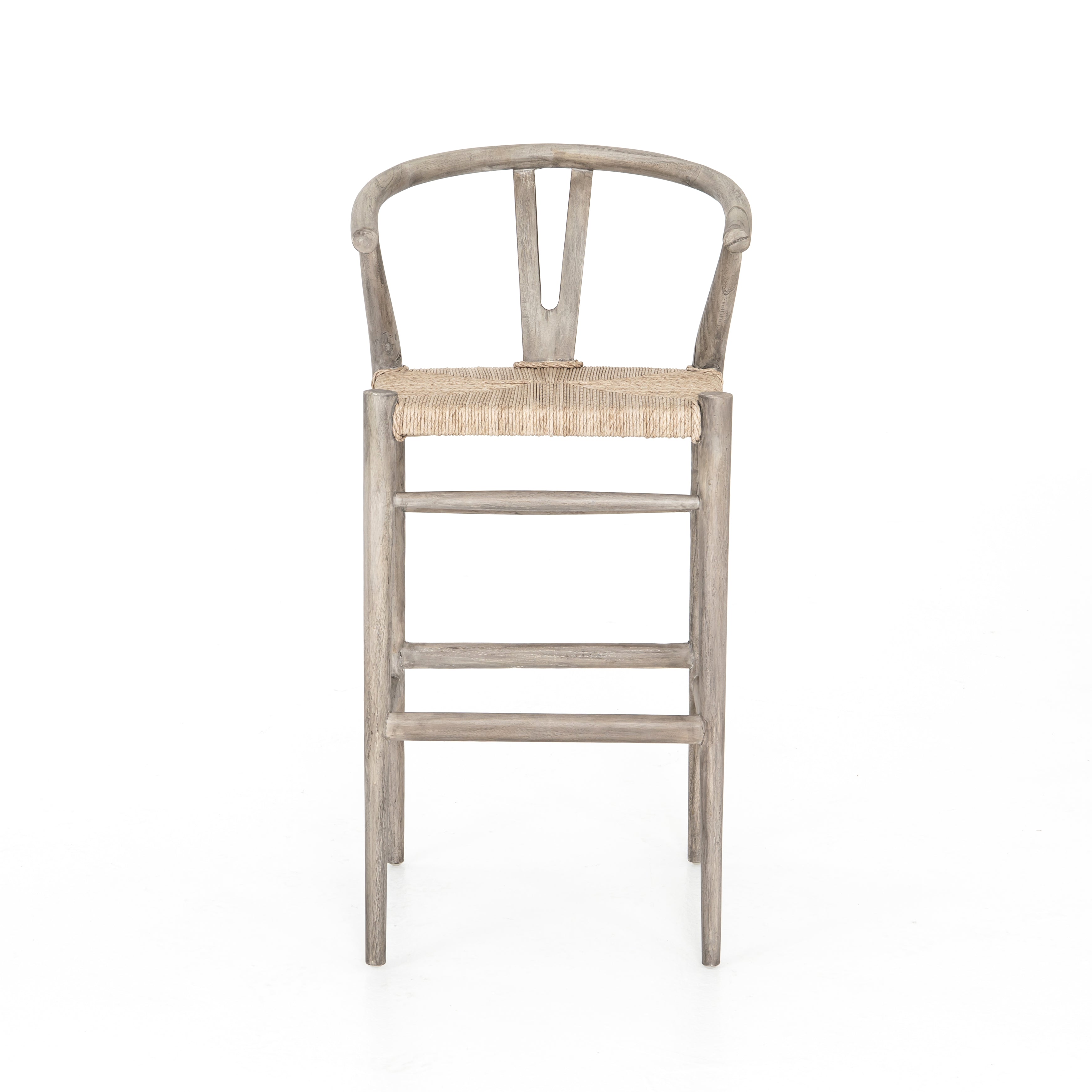 Modern curves redefine the classic wishbone-style counter stool. Vintage white all-weather wicker is woven for a dose of fresh texture within weathered grey teak framing. Cover or store indoors during inclement weather and when not in use. Amethyst Home provides interior design, new home construction design consulting, vintage area rugs, and lighting in the Scottsdale metro area.
