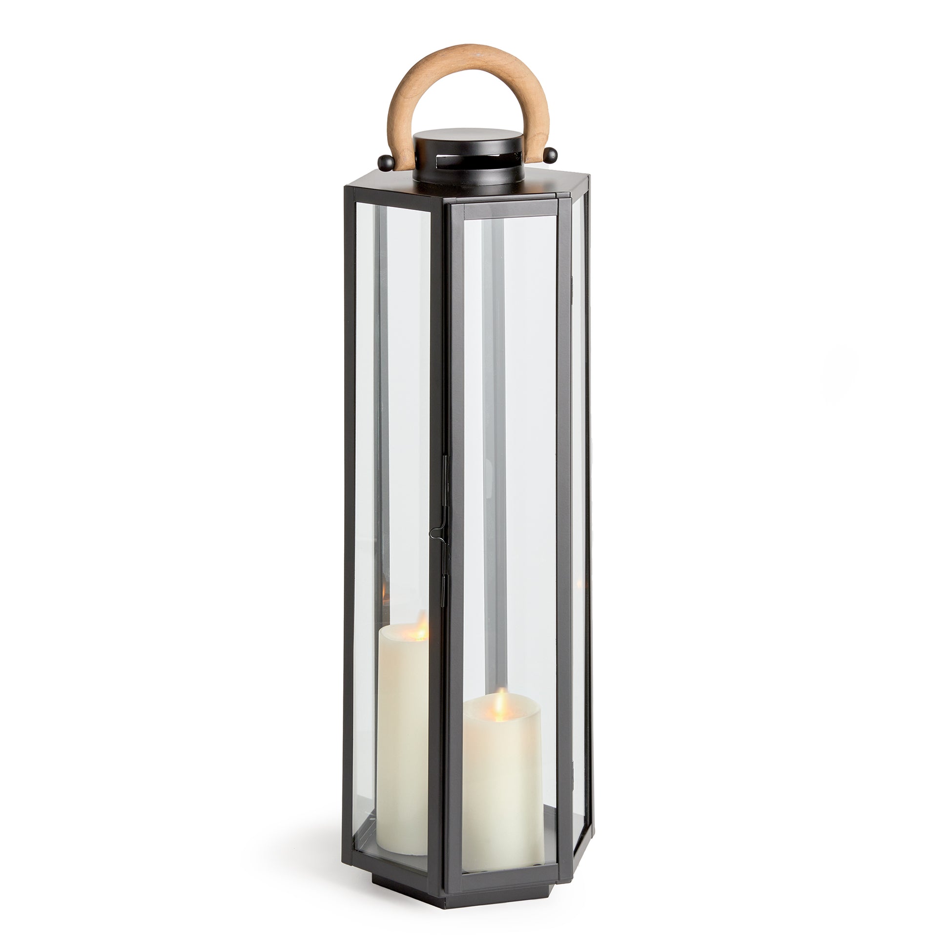 This matte black six panel lantern is made of iron and features a natural teak handle. Impressive in scale, it is a handsome outdoor accent by the pool, or at the front entry. Amethyst Home provides interior design, new construction, custom furniture, and area rugs in the Houston metro area.