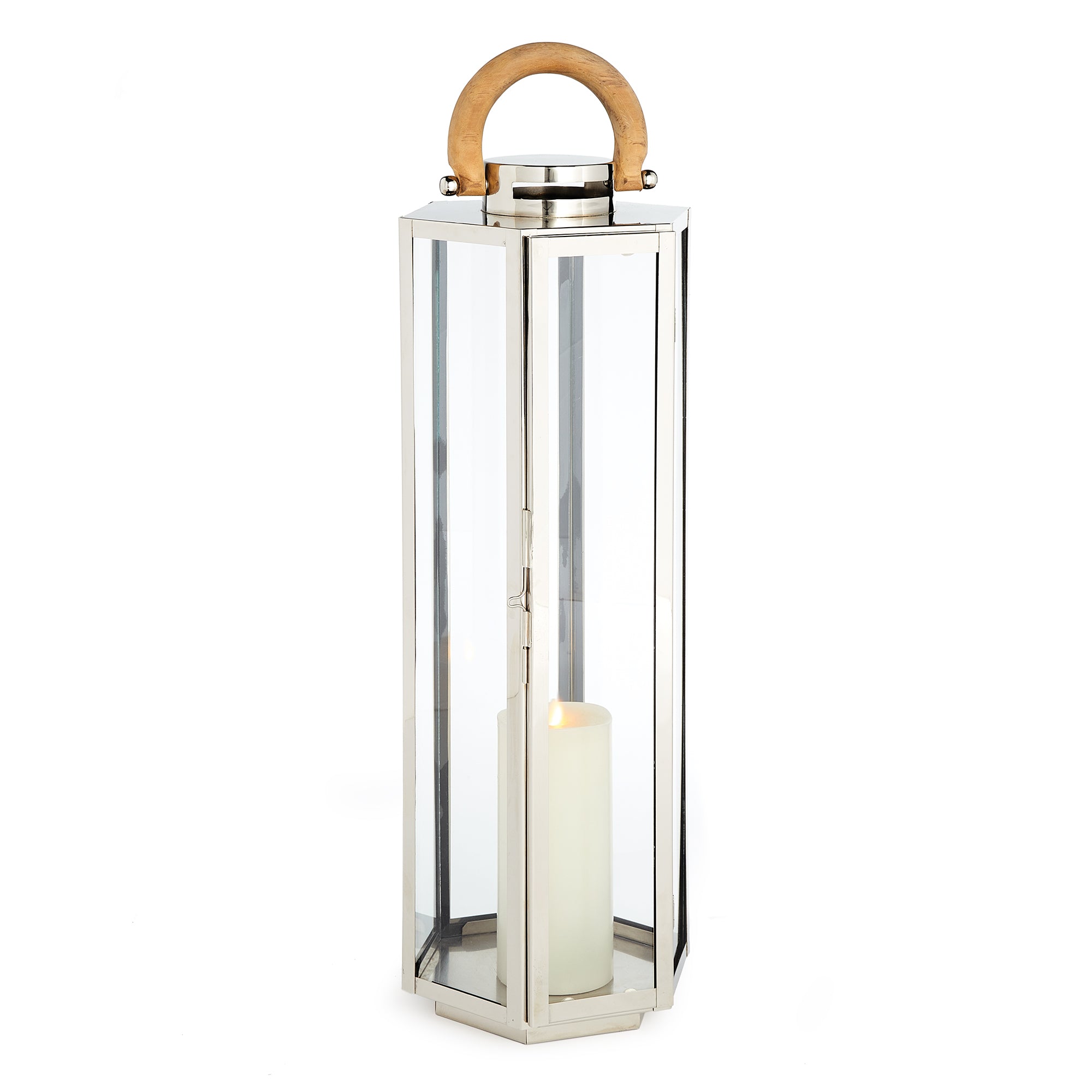 This six panel lantern is made of stainless steel and natural teak handles. Impressive in scale, it is a great accent along the mantle, or on an entry console. Amethyst Home provides interior design, new construction, custom furniture, and area rugs in the Kansas City metro area.