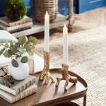 Made from hand-sculpted molds and in solid cast aluminum, these taper holders in warm gold are a substantial accent. Pair with any style taper candle and watch them glow. Amethyst Home provides interior design, new construction, custom furniture, and area rugs in the Seattle metro area.