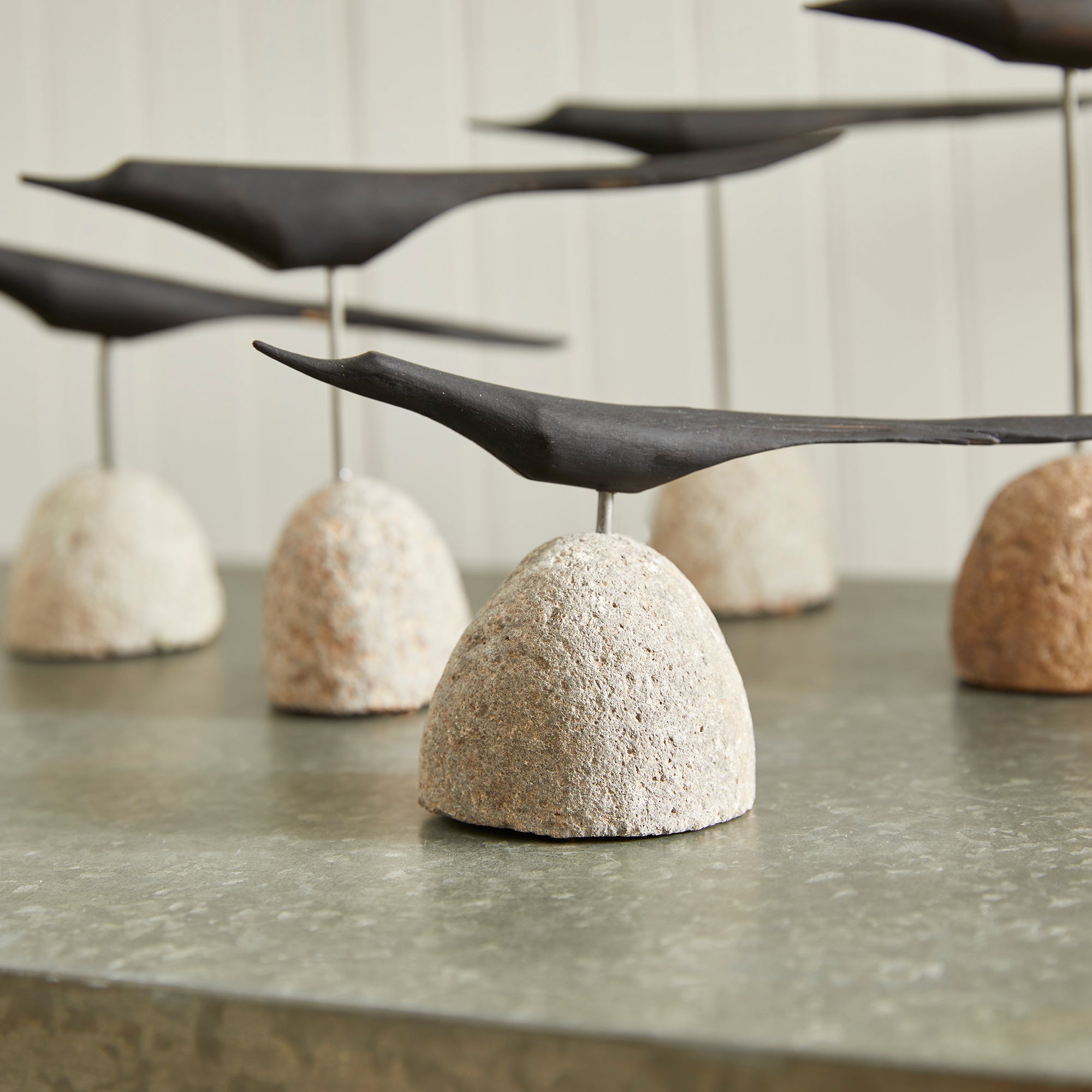 Handcrafted rustic artwork with modern black birds. Amethyst Home provides interior design, new construction, custom furniture, and area rugs in the Charlotte metro area.