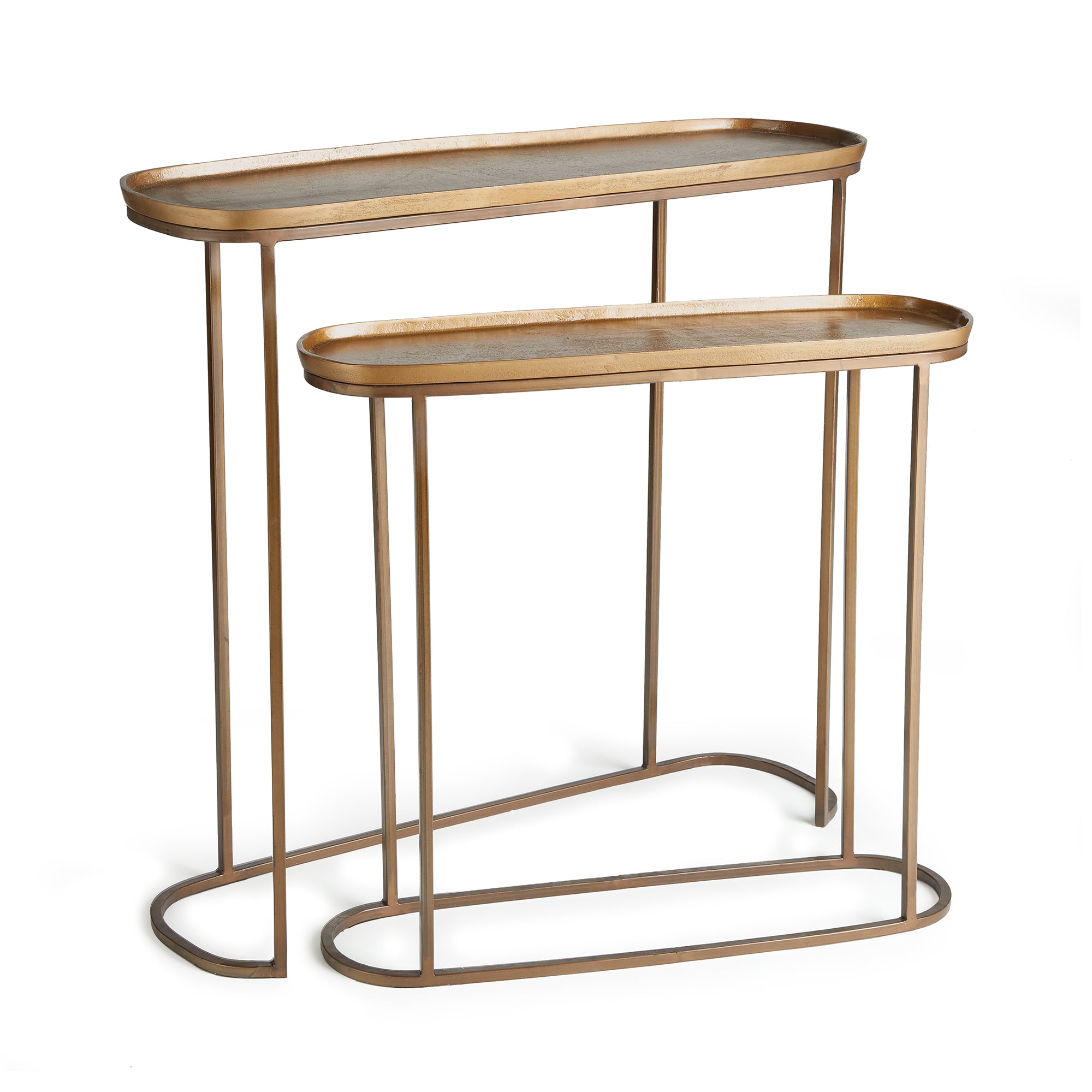 Nested console… what a concept! In an electroplated cast aluminum top and  iron legs, these two pieces fit together nicely, or can be separated to accommodate your layout. Innovative and beautiful, indeed. Amethyst Home provides interior design, new construction, custom furniture, and area rugs in the Miami metro area.