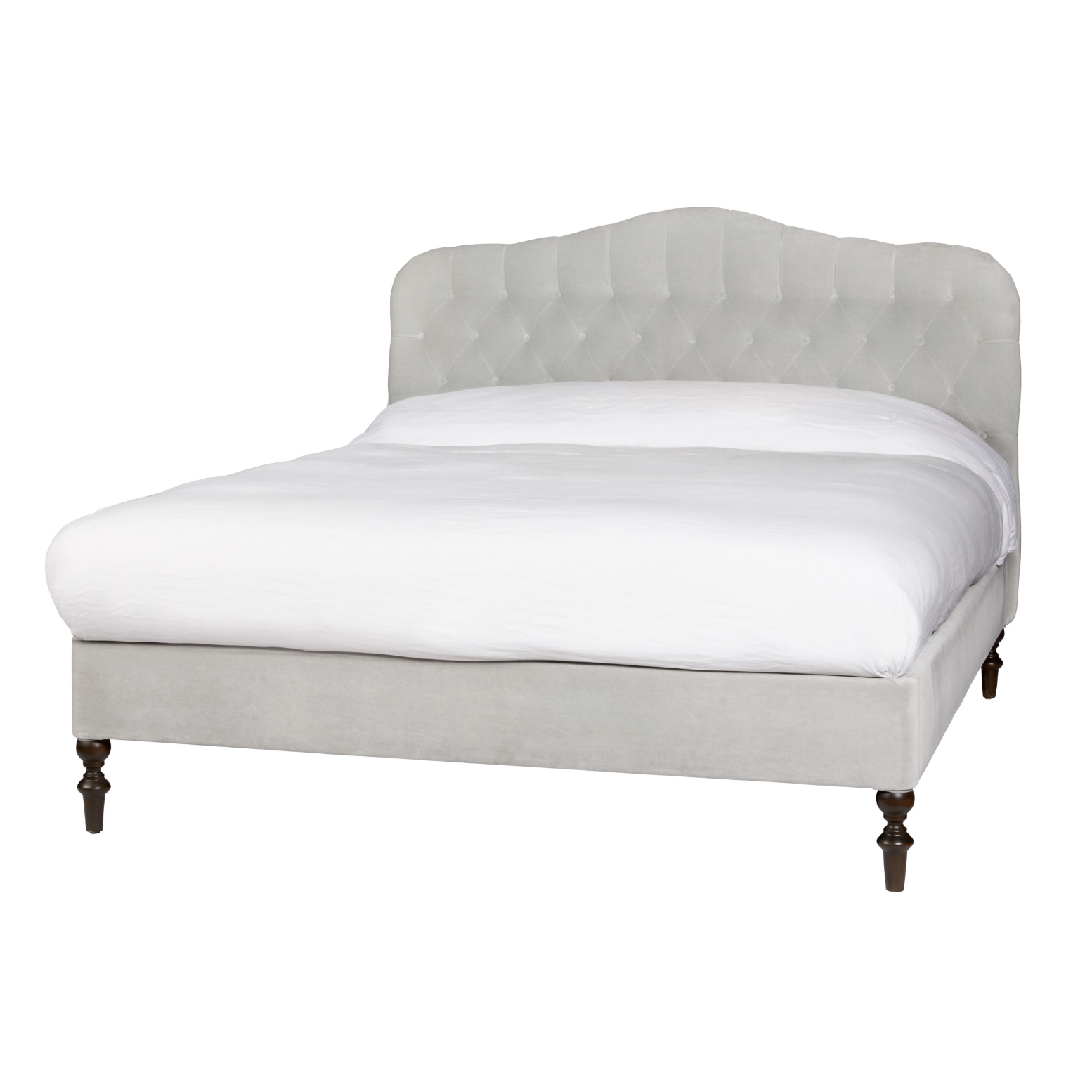 O'Hara Bed - Amethyst Home Heavy on the elegance with an east-coast vibe! This camelback, button-tufted bed in a light textural grey also features turned legs and upholstered side rails for added interest.   Queen Overall Dimensions: 67"w x 60"h x 89"d King Overall Dimensions: 83"w x 60"h x 89"d California King Overall Dimensions: 79"w x 60"h x 93"d   Also available to order in other colors.