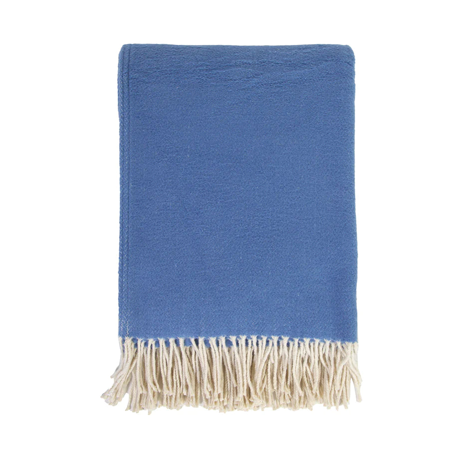 Cozy combed cotton Billie French Blue Throw with a soft ivory interwoven weave ending in tassels.  Amethyst Home provides interior design services, furniture, rugs, and lighting in the Dallas metro area.
