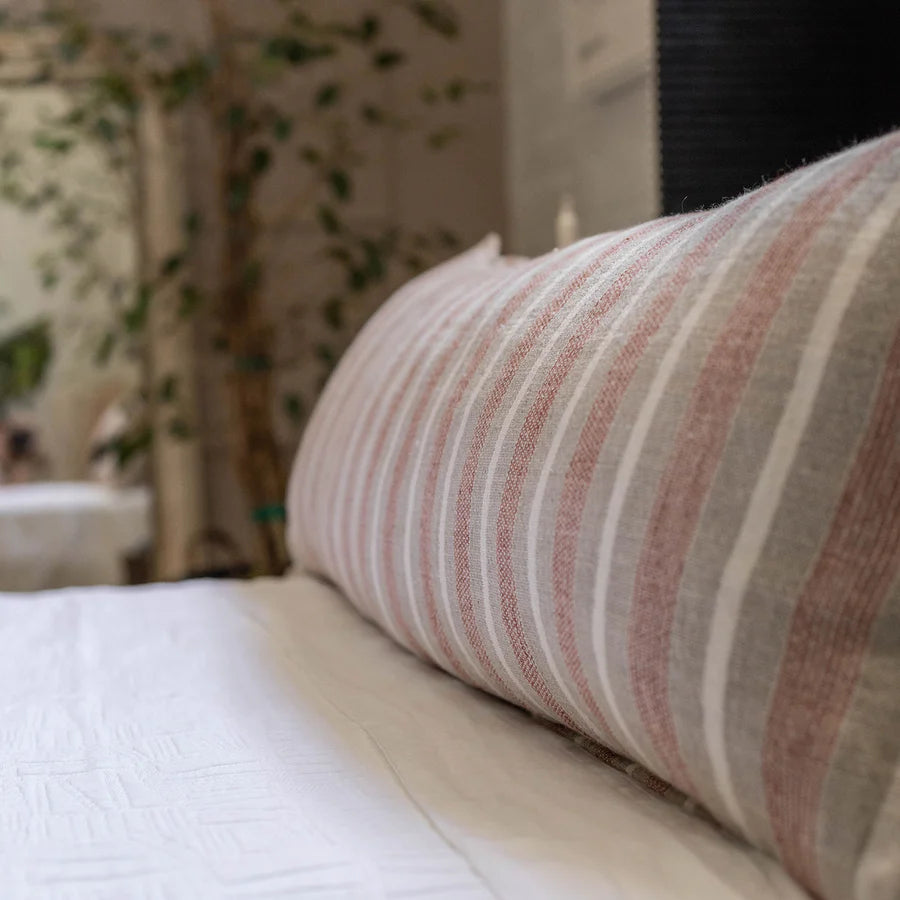 The Montecito Pillow With Insert is a 100% heavy weight hand loomed linen that features alternating thick and thin stripes in a warm color palette of terra cotta and natural surrounded by a 1/2” finished flange. Amethyst Home provides interior design services, furniture, rugs, and lighting in the Omaha metro area.