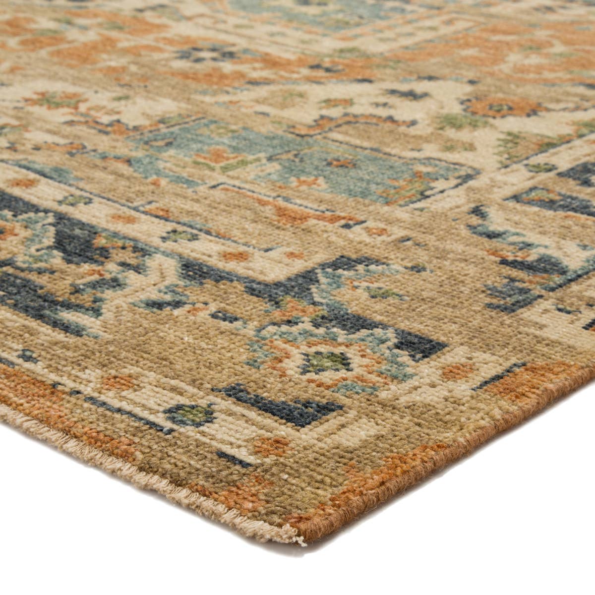 The Rhapsody Cadenza Honey Ginger Rug by Jaipur Living, or RHA02, showcases a distressed center medallion in in orange, blue, and light green on a neutral beige ground. This durable wool hand knotted rug is perfect for the living room, entry way, or other high traffic areas. 