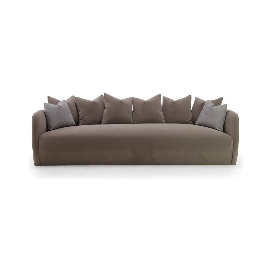 The Milo Sofa is a modern masterpiece from Verellen. It comes standard with:  Spring down Tight seat and back Multi-back pillow configuration Notch bottom toss pillows Double needle stitch detail Upholstered On glides