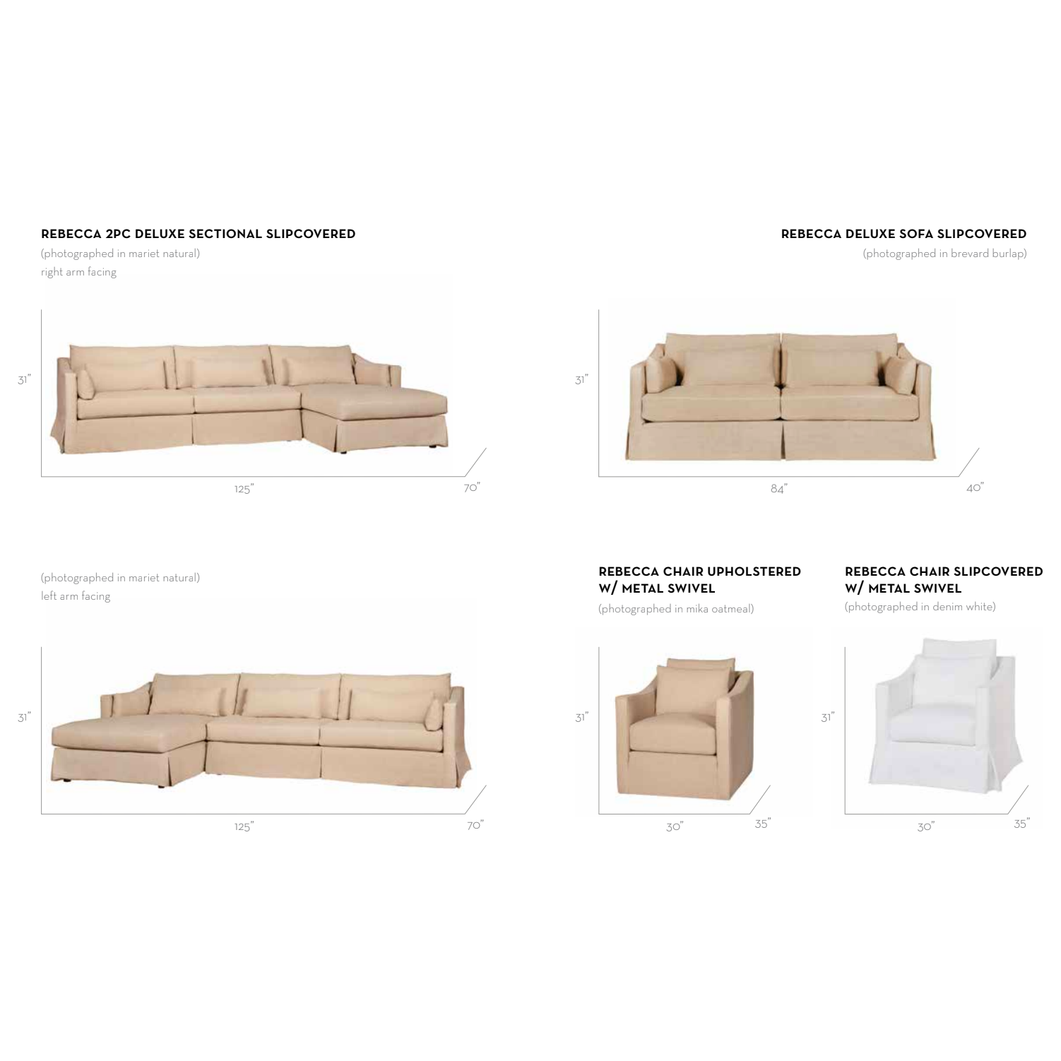 Soft as a cloud, the Rebecca is the perfect piece to complete your living room. It’s base is a FSC certified Maple hardwood frame. This sofa has a luxurious feather cloud fill with a foam core, bringing relaxation and ease into your home.  Priced and pictured in tier two fabric Brevard Burlap. For additional fabrics please email sales@amethysthome.com.   Overall Dimensions  84"w 40"d 31"h