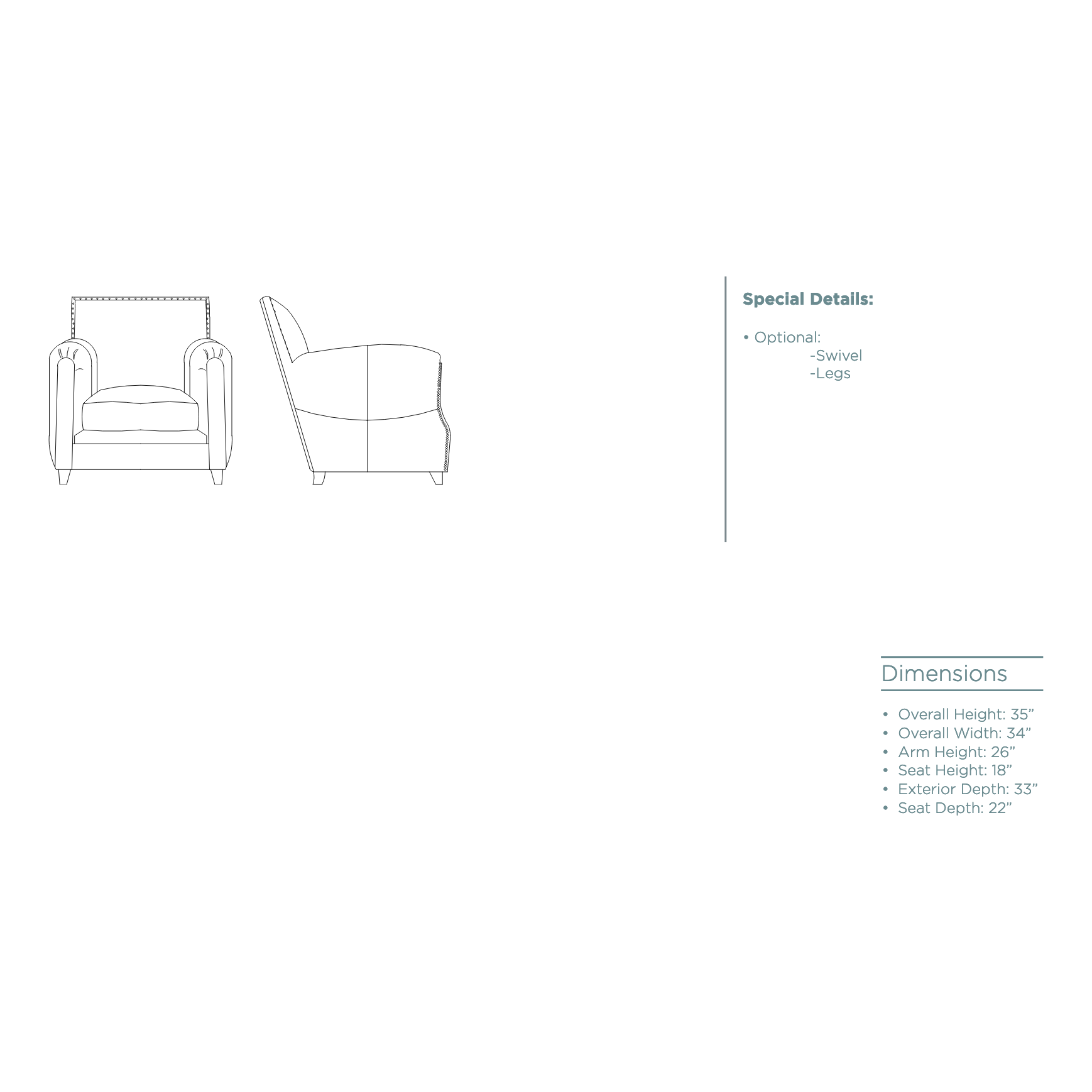 Comfort rules in the Verellen Damien Occasional Chair. It features:  • Foam Down Wrap Seat Construction • Loose Box Style Seat Cushion • Double Needle • Please Specify Nail Head Selection • Please Specify Leg Finish • Upholstered and Slipcovered Available