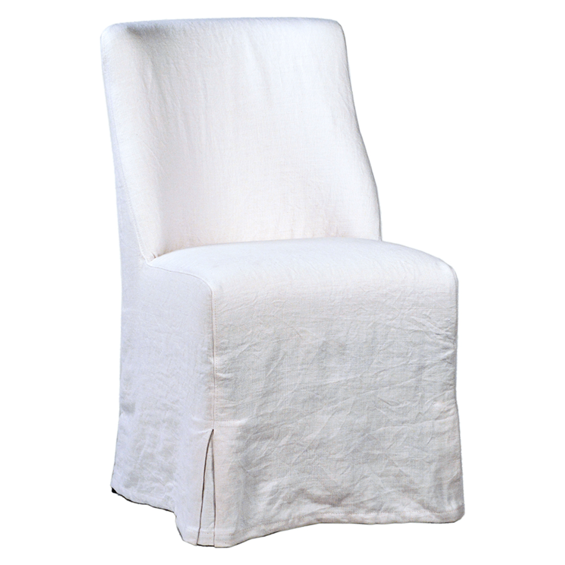 The Craig Dining Chair is featured in a gorgeous white linen slip cover in a Belgian wrinkle.   LINEN FABRIC AND BIRCH FRAME WHITE Size: 19"l x 23"d x 35"h Seat Height: 20"h
