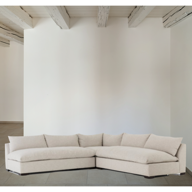 Welcome to the modern lounging essential. Twill's purposeful slub adds textural interest to soft, durable, strain-resistant Crypton fabric in an inviting oatmeal. This fashion-forward upholstered collection mixes elegant fabrics with interesting design elements. Each piece features North American-made hardwood frames, steel suspension and hand craftsmanship for quality and comfort. Beautiful forms and delightful details make for luxurious, high-style seating.  Overall Dimensions: 112"w x 112"d x 31.5"h