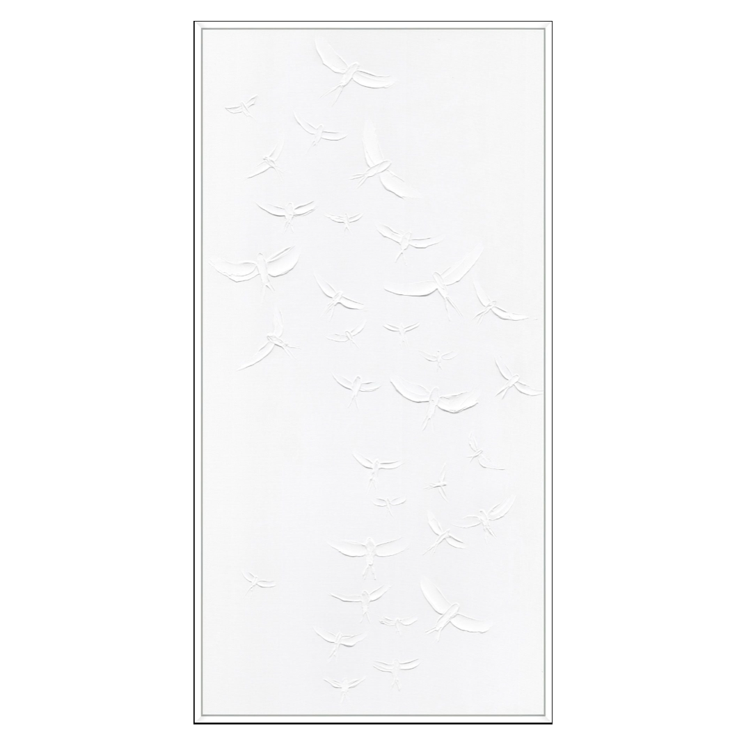 Featuring Bird Migration 1 Art by Wendover Art at Amethyst Home. The hand applied textured birds are represented in this reproduction art in their seasonal migration journey.
Size: 36.5"w x 71.5"hMedium: Hand painted on gallery wrapped canvasFrame: Matte white floaterSee the other bird migration art here! Framed as shown.  Amethyst Home provides interior design, new home construction design consulting, vintage area rugs, and lighting in the Monterey metro area.