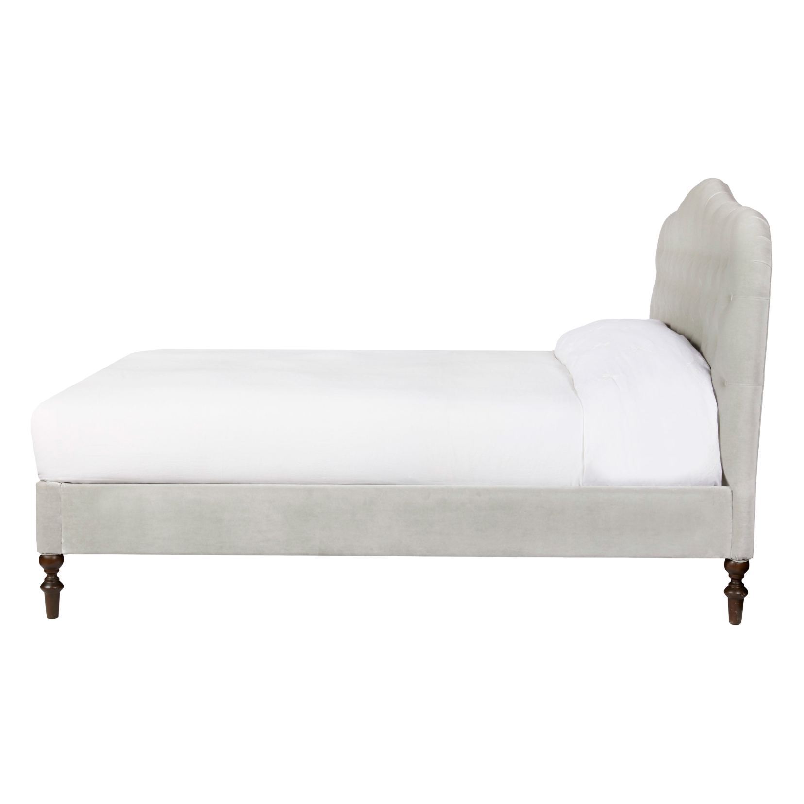 O'Hara Bed - Amethyst Home Heavy on the elegance with an east-coast vibe! This camelback, button-tufted bed in a light textural grey also features turned legs and upholstered side rails for added interest.   Queen Overall Dimensions: 67"w x 60"h x 89"d King Overall Dimensions: 83"w x 60"h x 89"d California King Overall Dimensions: 79"w x 60"h x 93"d   Also available to order in other colors.