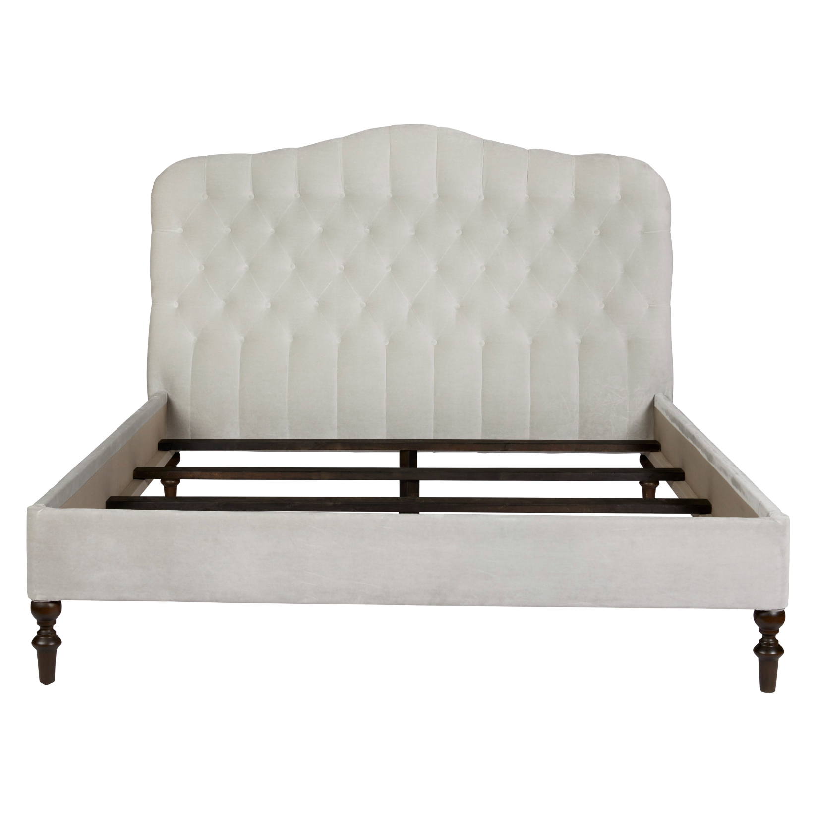 O'Hara Bed - Amethyst Home Heavy on the elegance with an east-coast vibe! This camelback, button-tufted bed in a light textural grey also features turned legs and upholstered side rails for added interest.   Queen Overall Dimensions: 67"w x 60"h x 89"d King Overall Dimensions: 83"w x 60"h x 89"d California King Overall Dimensions: 79"w x 60"h x 93"d   Also available to order in other colors.