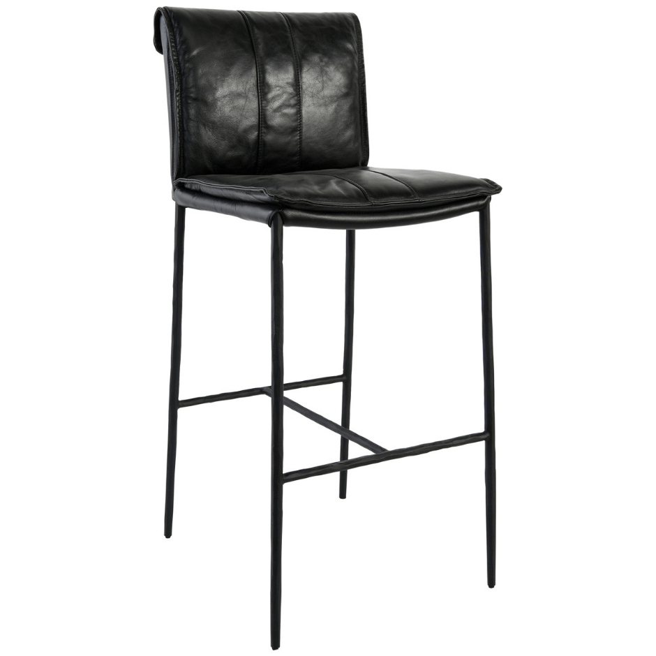 Mayer Bar Stool 30" Dimensions: 19"W x 21"D x 43"H Material: Top Grain Leather, Hammered Iron Legs Mayer Counter Stool Tan 26"  Dimensions: 19"W x 21"D x 39"H Materials: Top Grain Leather, Hammered Iron Legs