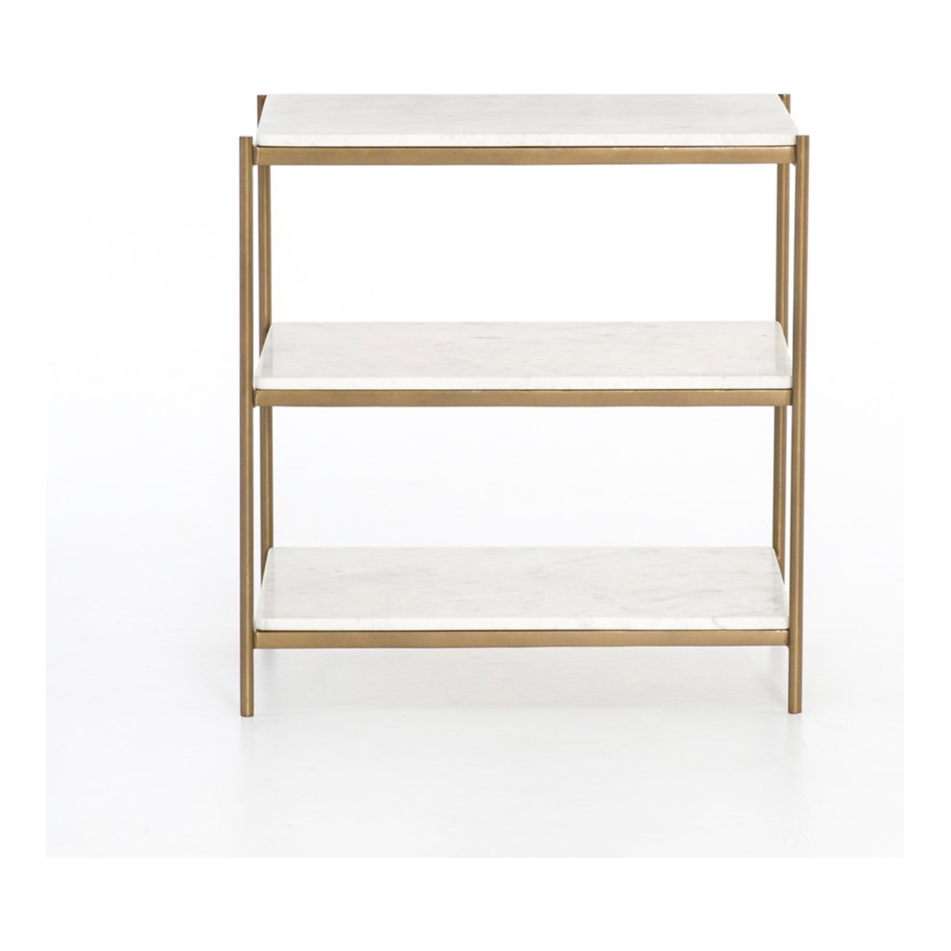 Add a pop of sophistication to any space. Classic white marble lays three tiers of smooth shelving for plenty of space. A hammered grey iron frame and casters place a feminine, high-contrast spin on bedside storage.  Dimensions: 25"w x 18"d x 26"h Materials: Iron, Marble Colors: Antique Brass & Polished White Marble