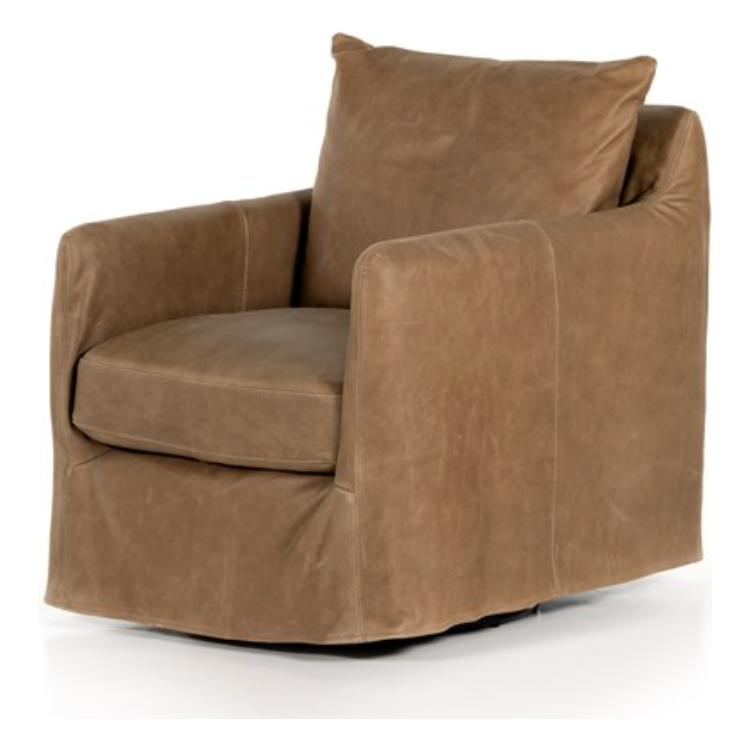 The Freddy Leather Swivel Chair is a slipcovered, leather swivel chair -- perfect for moody rooms. The chair features a comfortable, plush back and supportive seat. Please expect natural distressing. Amethyst Home provides interior design, new home construction design consulting, vintage area rugs, and lighting in the Park City metro area.