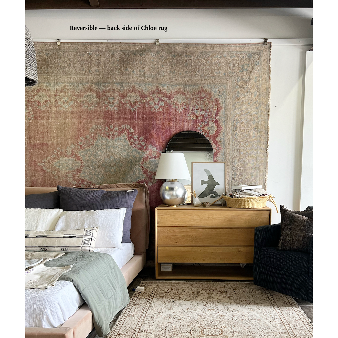 Whitewashed pastels hues on one side, flip for intense pinks and blues!  Hand knotted, 100% wool - perfect for high traffic areas.