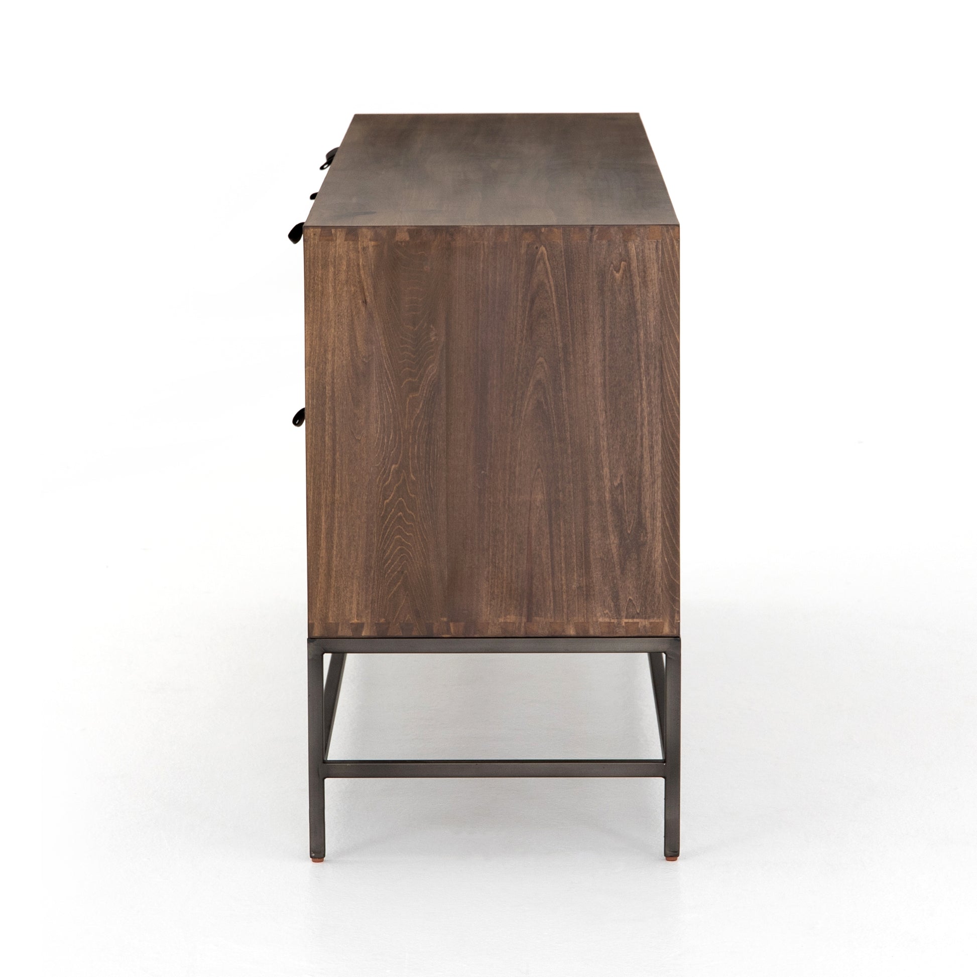 We love the clean, slim legs of this Trey Auburn Poplar Sideboard. The doors and drawers make this the perfect sideboard for families wanting extra storage space while also making a statement  Size: 72"w x 18"d x 31"h Materials: Iron, Poplar, Top Grain Leather
