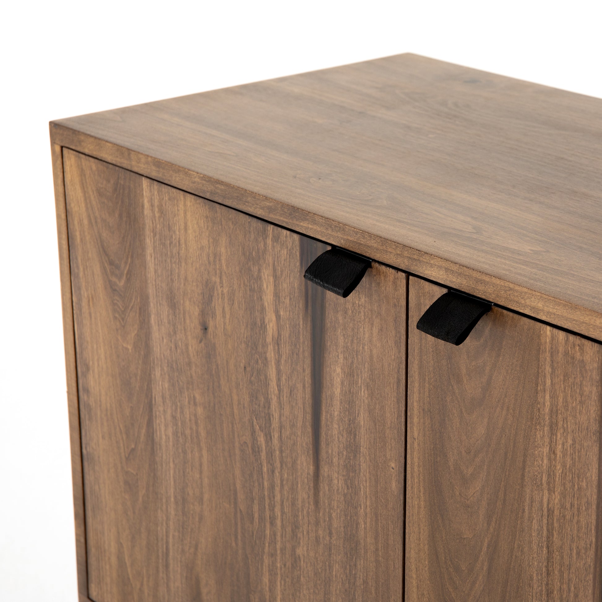 We love the clean, slim legs of this Trey Auburn Poplar Sideboard. The doors and drawers make this the perfect sideboard for families wanting extra storage space while also making a statement  Size: 72"w x 18"d x 31"h Materials: Iron, Poplar, Top Grain Leather