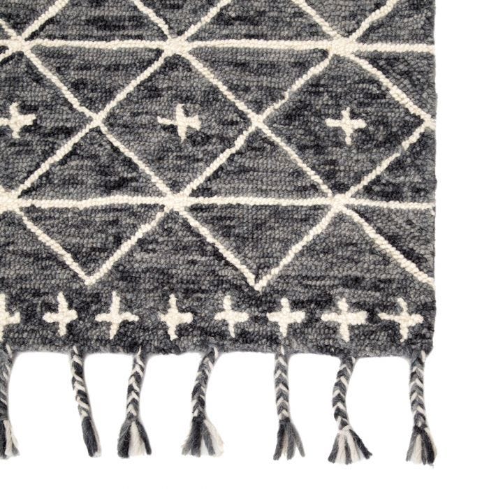 Featuring Vera Rhea Hand-Knotted Rug by Jaipur Living at Amethyst Home. Hand-tufted of wool, the Vera collection by Nikki Chu infuses contemporary spaces with inspiring patterns and versatile colorways. The glam-meets-global Rhea rug features an ivory Moroccan-inspired trellis design that covers the gray and black backdrop with a space-dyed effect. Long, br.  Amethyst Home provides interior design, new home construction design consulting, vintage area rugs, and lighting in the Monterey metro area.