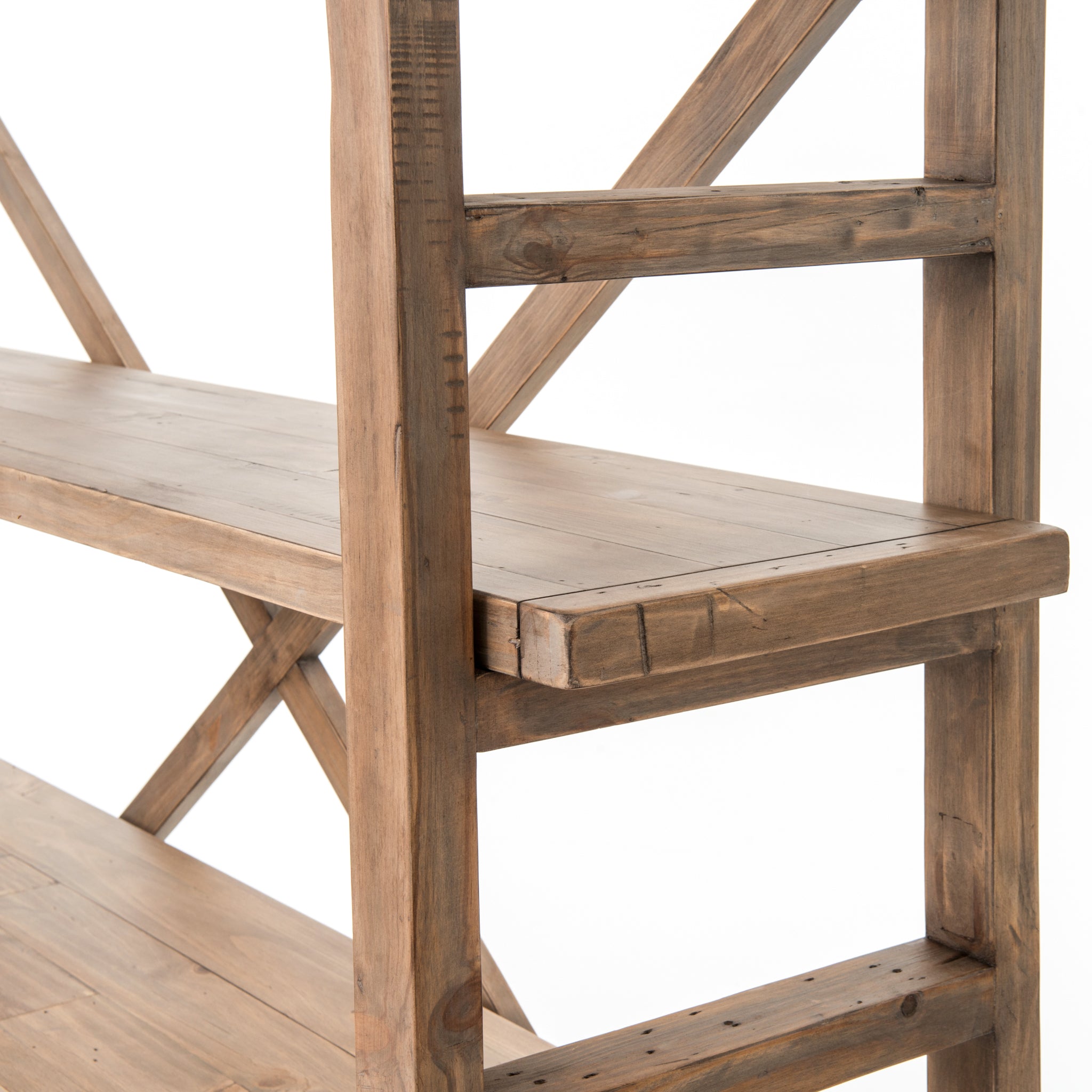 This gorgeous Toscana Sundried Wheat Large Bookshelf has four movable planks of reclaimed pine stack for an open display of personal treasure. Laddered framing offers eye-catching simplicity while enhancing a clean farmhouse feel.  Overall Dimensions: 76.25"w x 17.00"d x 70.25"h