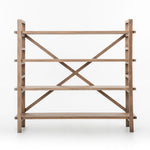 This gorgeous Toscana Sundried Wheat Large Bookshelf has four movable planks of reclaimed pine stack for an open display of personal treasure. Laddered framing offers eye-catching simplicity while enhancing a clean farmhouse feel.  Overall Dimensions: 76.25"w x 17.00"d x 70.25"h