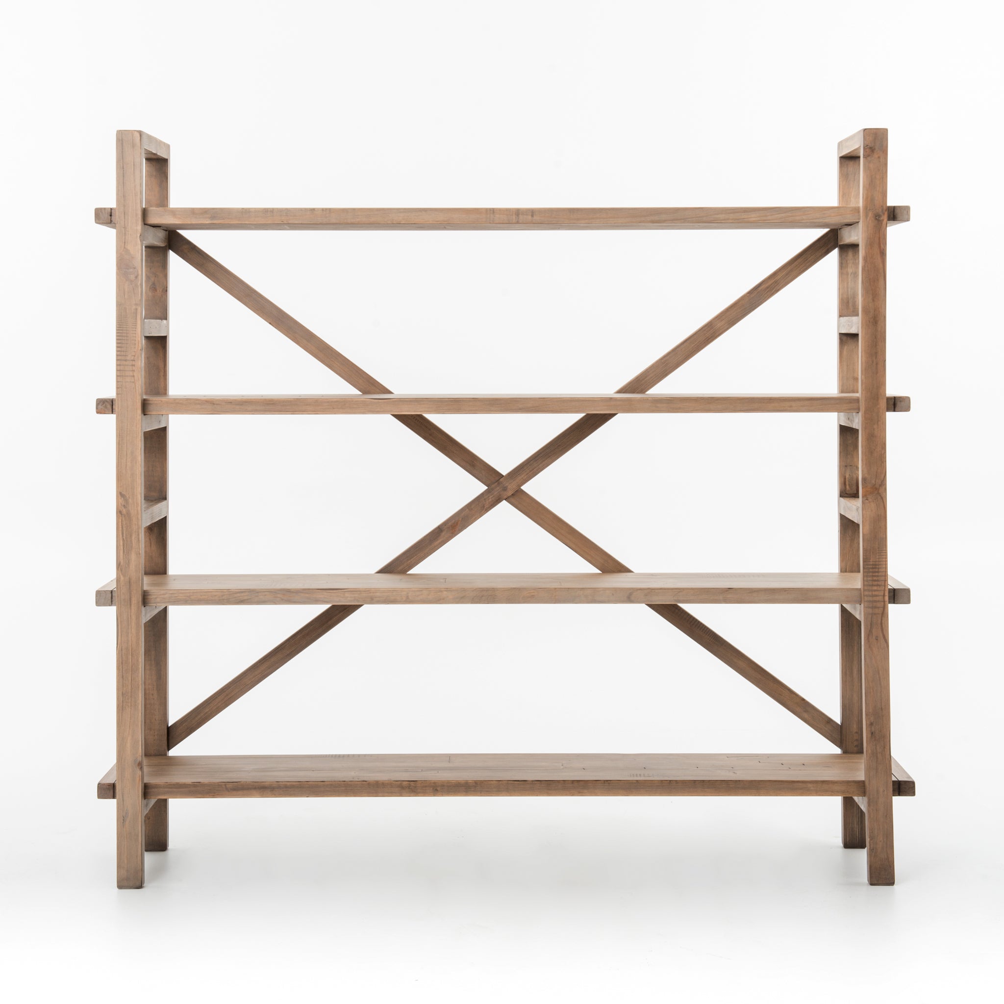This gorgeous Toscana Sundried Wheat Large Bookshelf has four movable planks of reclaimed pine stack for an open display of personal treasure. Laddered framing offers eye-catching simplicity while enhancing a clean farmhouse feel.  Overall Dimensions: 76.25"w x 17.00"d x 70.25"h