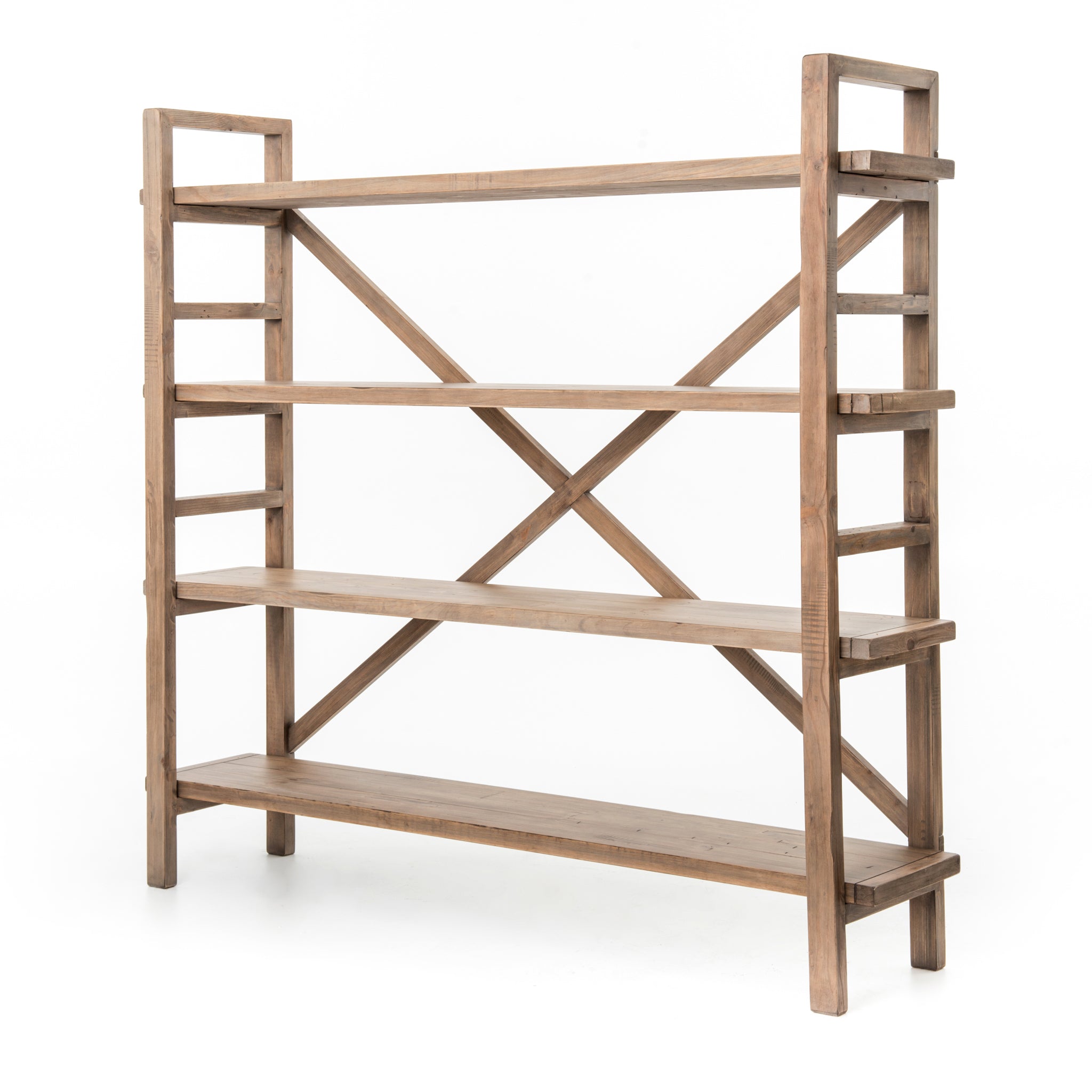 This gorgeous Toscana Sundried Wheat Large Bookshelf has four movable planks of reclaimed pine stack for an open display of personal treasure. Laddered framing offers eye-catching simplicity while enhancing a clean farmhouse feel.  Overall Dimensions: 76.25"w x 17.00"d x 70.25"h