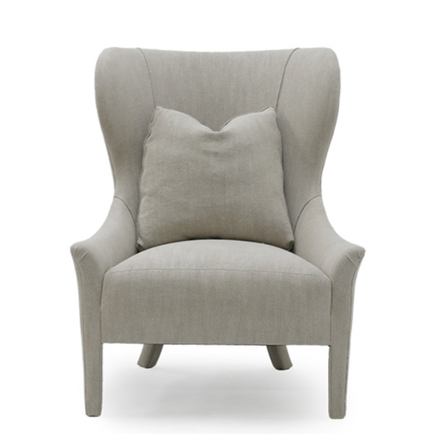 Instantly a timeless classic, our Ava Wing Chair has gorgeous curved arms with a tall, royal-like back. This comes standard with the following:  • Foam Down Wrap Seat Construction • Tight Seat Cushion • Notch Bottom Toss Pillow • Double Needle • Please Specify Leg Finish • Upholstered Only