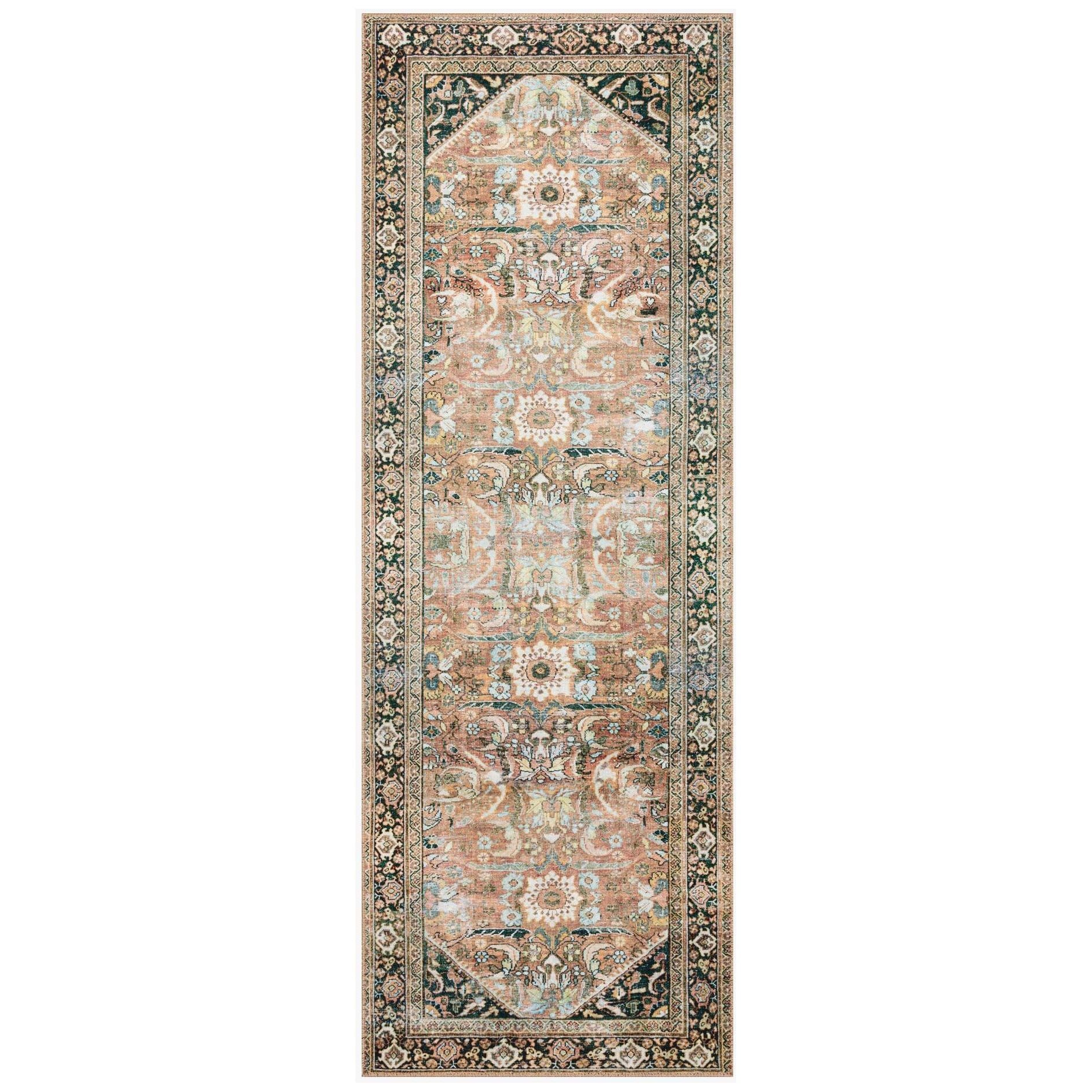 The Wynter Auburn / Multi area rug showcases a one-of-a-kind vintage or antique area rug look power-loomed of 100% polyester. This rug brings in tones of orange, brown, black, and hints of blue. The rug is ideal for high traffic areas such as living rooms, dining rooms, kitchens, hallways, and entryways.