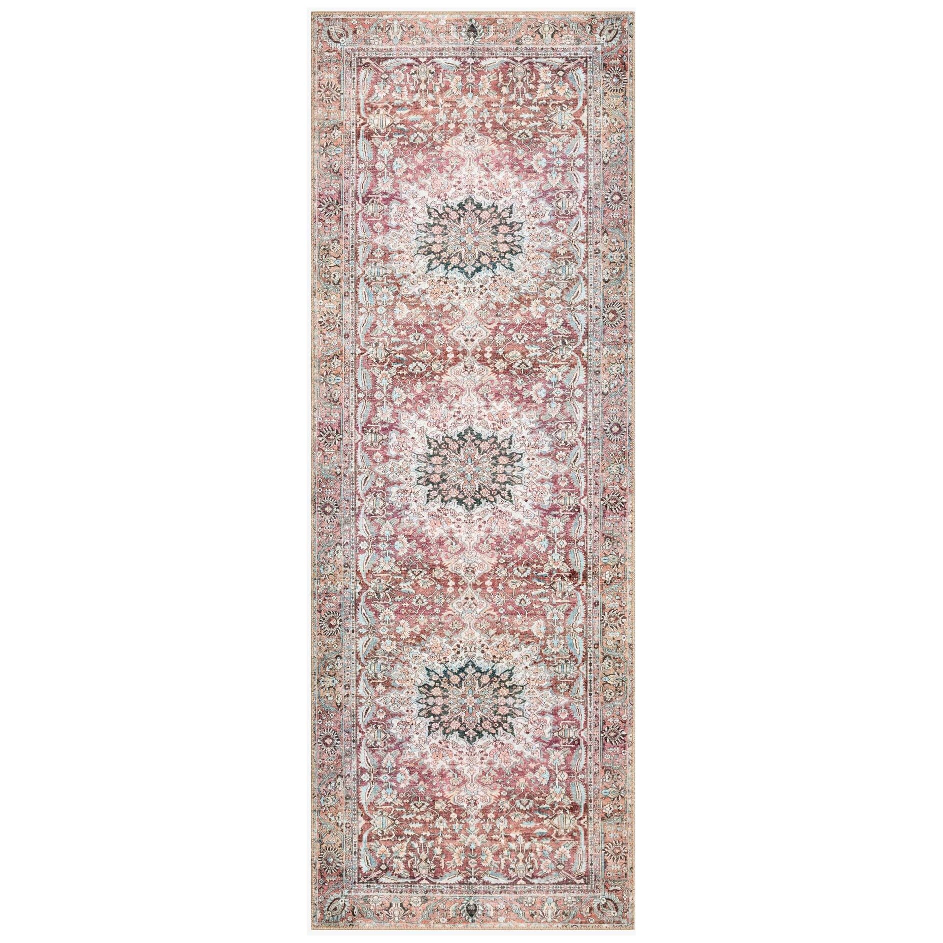 Featuring Wynter Tomato / Teal Rug by Loloi at Amethyst Home. Old soul, new spirit. Power-loomed of 100% polyester, the Wynter Tomato / Teal area rug showcases a one-of-a-kind vintage or antique area rug look at an affordable price. This rug brings in tones of red, blue, orange, and hints of ivory, and ideal for high traffic areas due to the rug's dur.  Amethyst Home provides interior design, new home construction design consulting, vintage area rugs, and lighting in the Salt Lake City metro area.