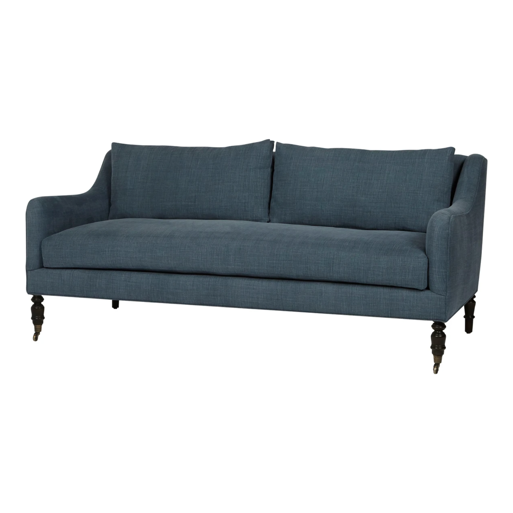 The Yvonne Upholstered Sofa by Cisco Brothers features curved arms and clean lines. The mid-century feel brings the whole family together in a comfortable, attractive seating. Photographed in Navedo Gravel and Rye Midnight Blue.      Overall: 72"w x 36"d x 31"h