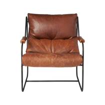 Featuring Brando Leather Chair by Cisco Brothers at Amethyst Home. Like "sitting in an American baseball glove" -- the Brando Leather Chair from Cisco Brothers was love at first sit in this unique chair! We compare the feel to sitting in a hammock. As shown in Spur Terracotta in a Grade 500 leather.
Size: 27"w x 36"d x 32"hSeat space: 25"w x 19"d x 17.5"h.  Amethyst Home provides interior design, new home construction design consulting, vintage area rugs, and lighting in the Des Moines metro area.