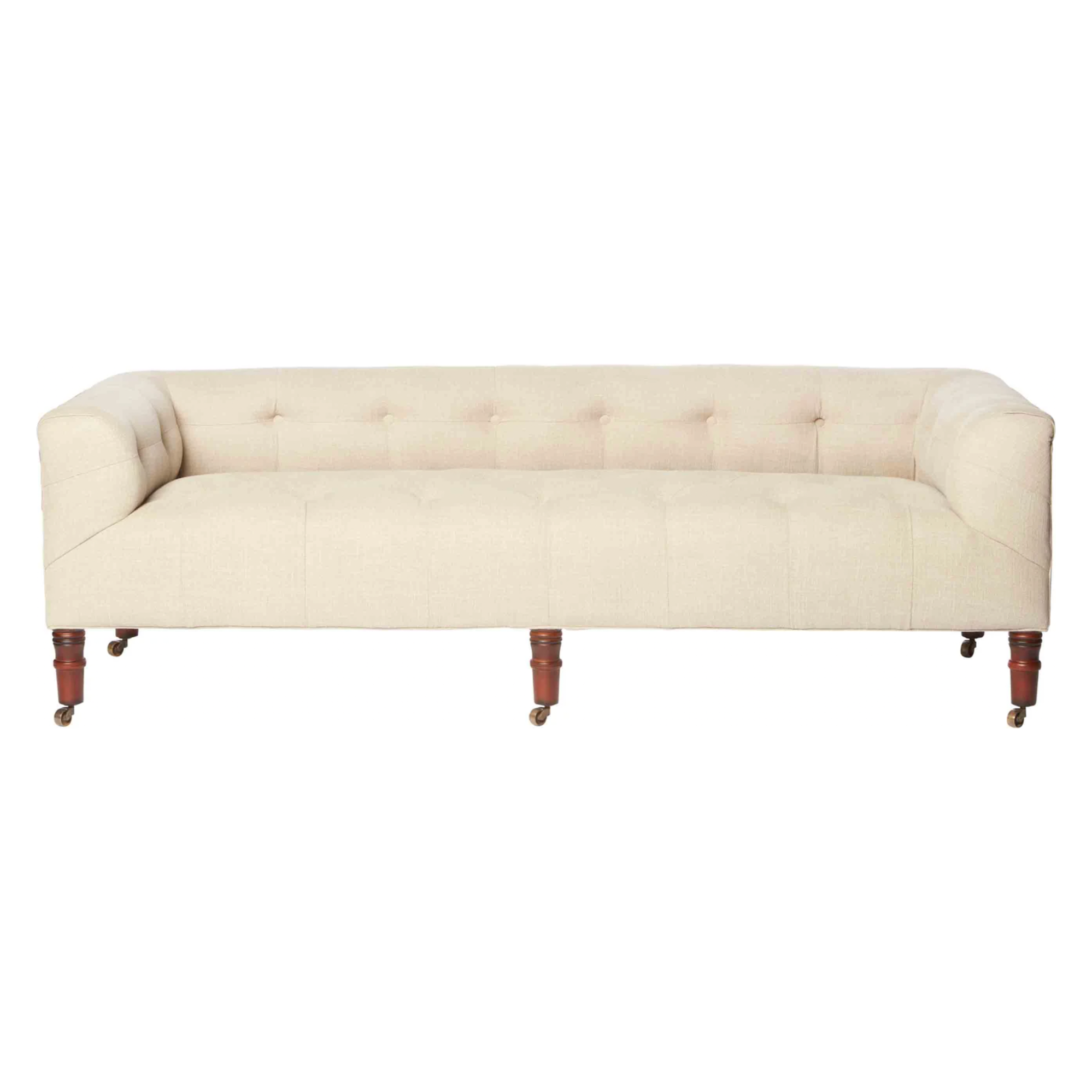 This JD Field Bench with Back - Upholstered is a glorious, tufted field bench on casters with leaps of old world meets modern style!  A design collaboration between Cisco Home x John Derian.  As shown in JD Vintage Steel 100% Linen. Amethyst Home provides interior design, new home construction design consulting, vintage area rugs, and lighting in the Des Moines metro area.