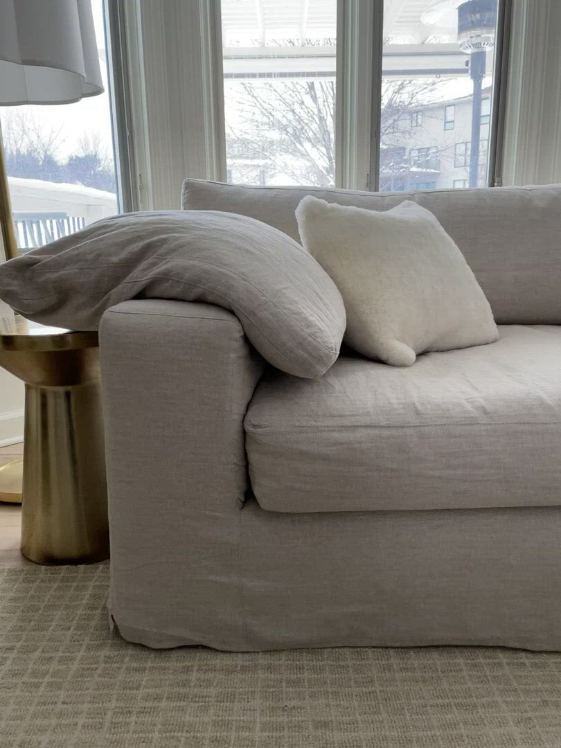 This Loft 3 Piece Sectional by Cisco Brothers is a movie night dream. With clean lines and a modern look, this is a center piece sectional for any living room or lounge area. Photographed in Denim White.   Loft 3pc Sectional: 169"W x 29"H x 96"D Seat Space: 150"W x 77"D