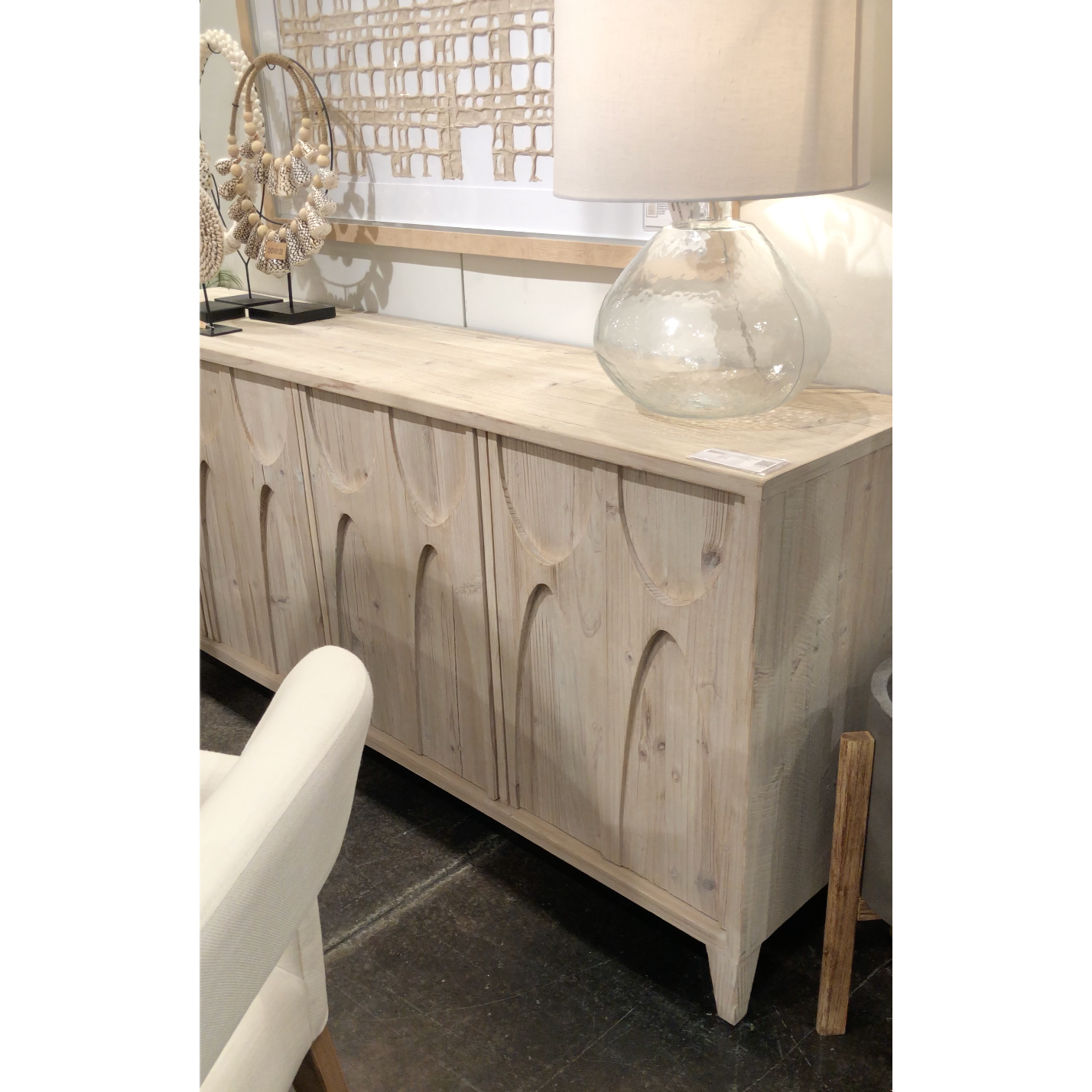 With four doors opening to shelves, this Montes Sideboard brings a beautiful and functional piece to the any dining room, living room, or other area.  Reclaimed White Pine Grey White Water Based Sealed Finish Amethyst Home celebrates natural materials, which often comes with beautiful imperfections. Each piece is made uniquely for you, please expect some variation and character -- we embrace the design approach of Wabi Sabi  Size: 79"l x 18"d x 33"h 