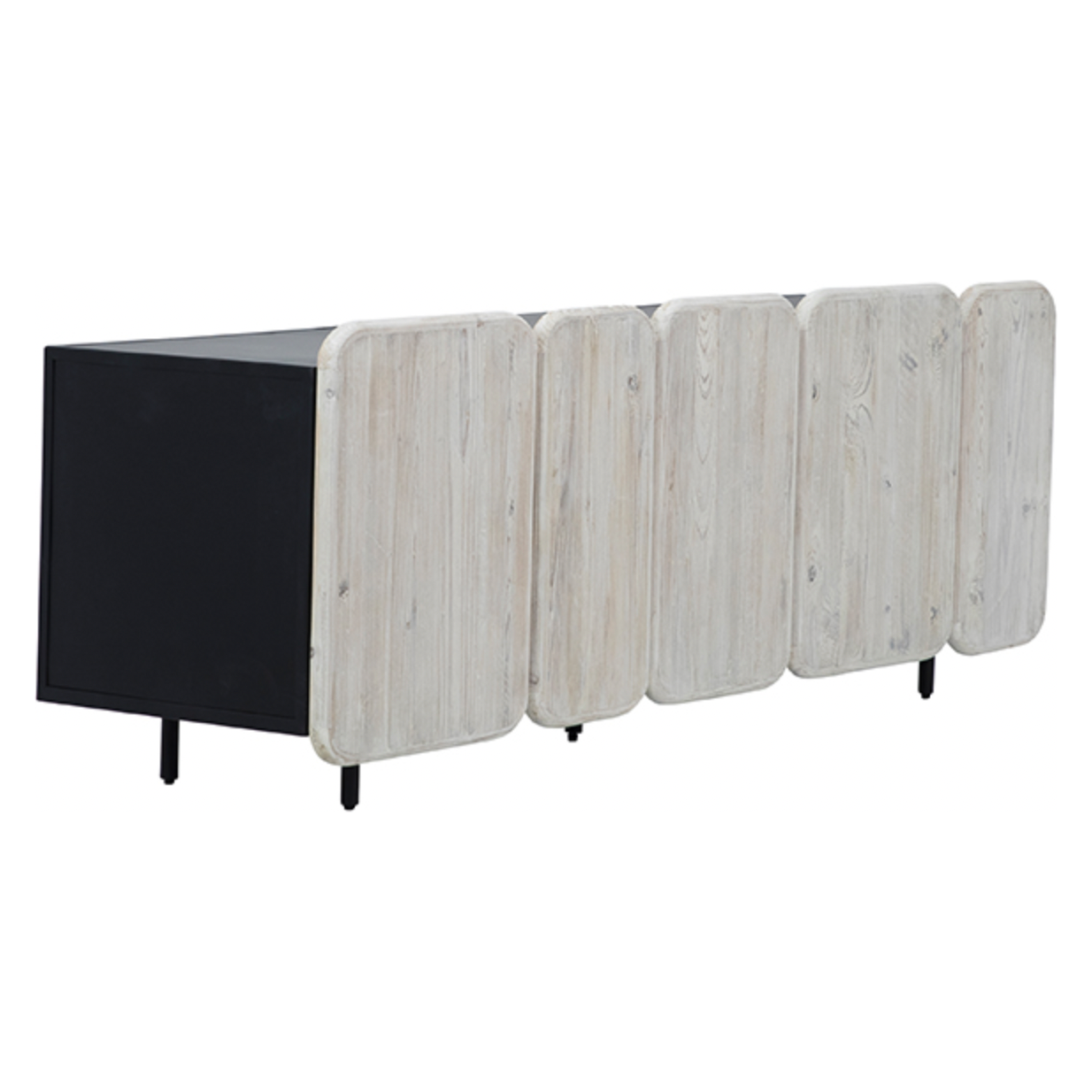 We love the rounded edges and different size doors of this Nubla Sideboard. The grey white antique finish brings an antique vibe to modern spaces.  Reclaimed Pine on Iron Frame Grey White and Antique Black Finish Size: 73"l x 19"d x 25"h 