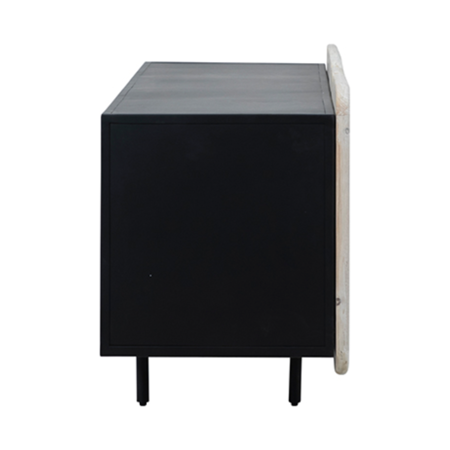 We love the rounded edges and different size doors of this Nubla Sideboard. The grey white antique finish brings an antique vibe to modern spaces.  Reclaimed Pine on Iron Frame Grey White and Antique Black Finish Size: 73"l x 19"d x 25"h 