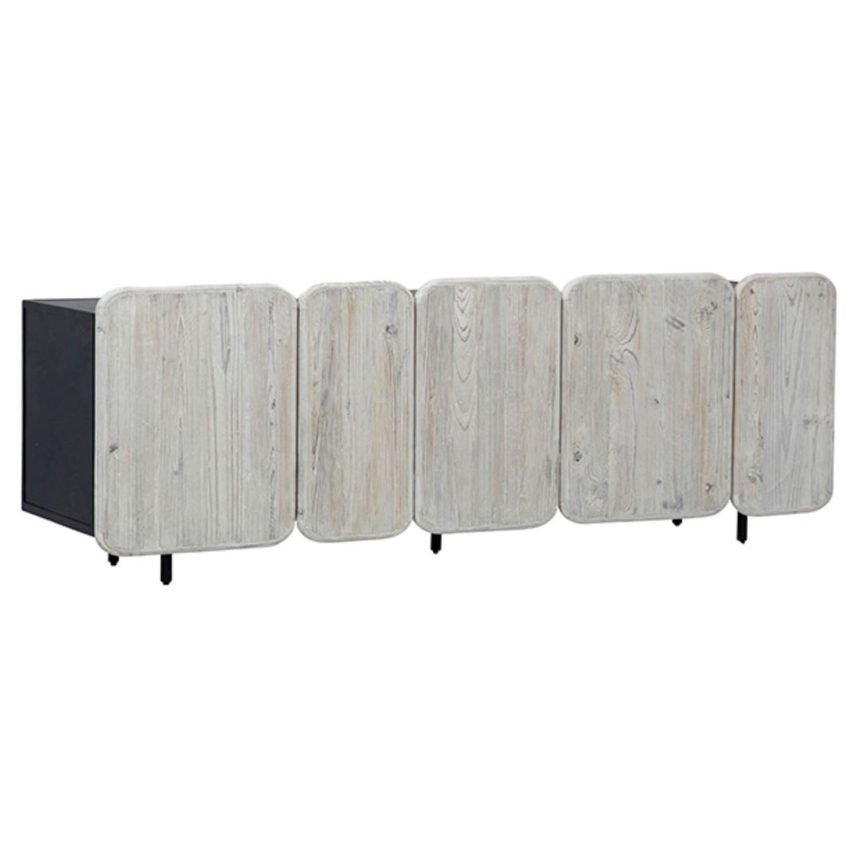We love the rounded edges and different size doors of this Nubla Sideboard. The grey white antique finish brings an antique vibe to modern spaces.  Reclaimed Pine on Iron Frame Grey White and Antique Black Finish Size: 73"l x 19"d x 25"h 