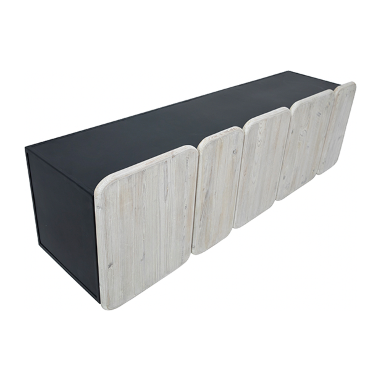 We love the rounded edges and different size doors of this Nubla Sideboard. The grey white antique finish brings an antique vibe to modern spaces.  Reclaimed Pine on Iron Frame Grey White and Antique Black Finish Size: 73"l x 19"d x 25"h 